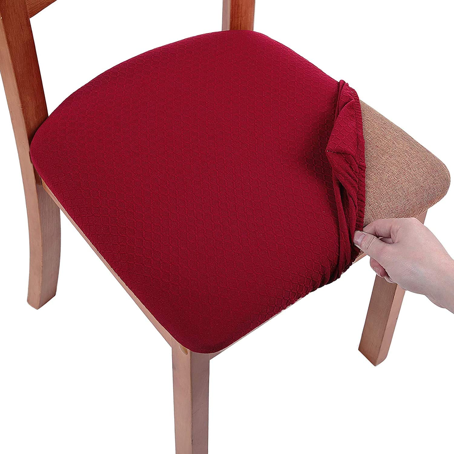 Smiry Burgundy Stretch Chair Seat Covers For Dining Room, Set Of 2 Jacquard Dining Chair Seat Protectors Chair Slipcovers