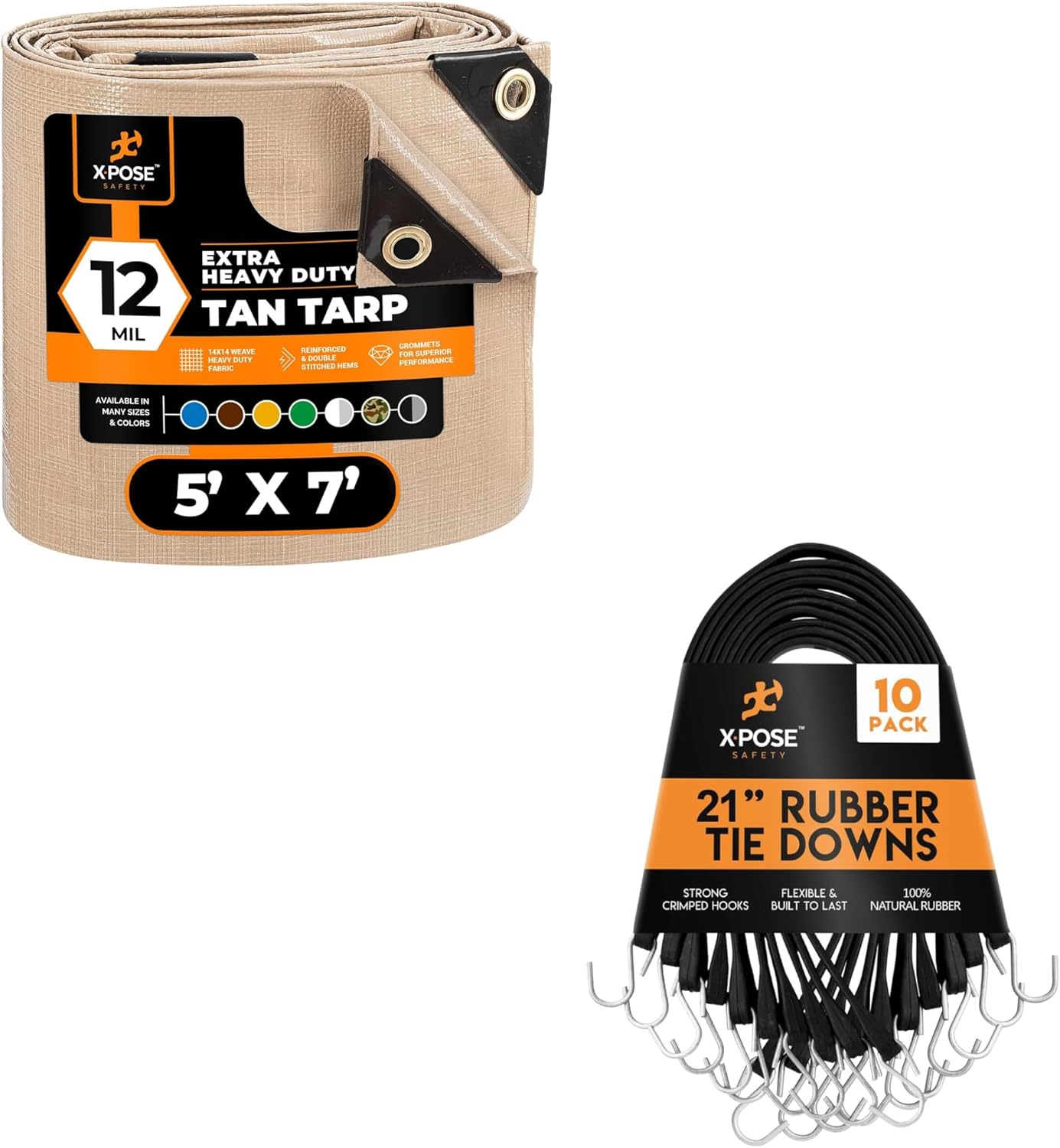 5' x 7' Tan Poly Tarp 12 Mil & Rubber Bungee Cords 10-Pack 21”(32” Max Stretch)– Durable, Weatherproof Cover & Heavy-Duty Tie-Down Straps for Outdoor, Cargo, Tarps, Canopies by Xpose Safety