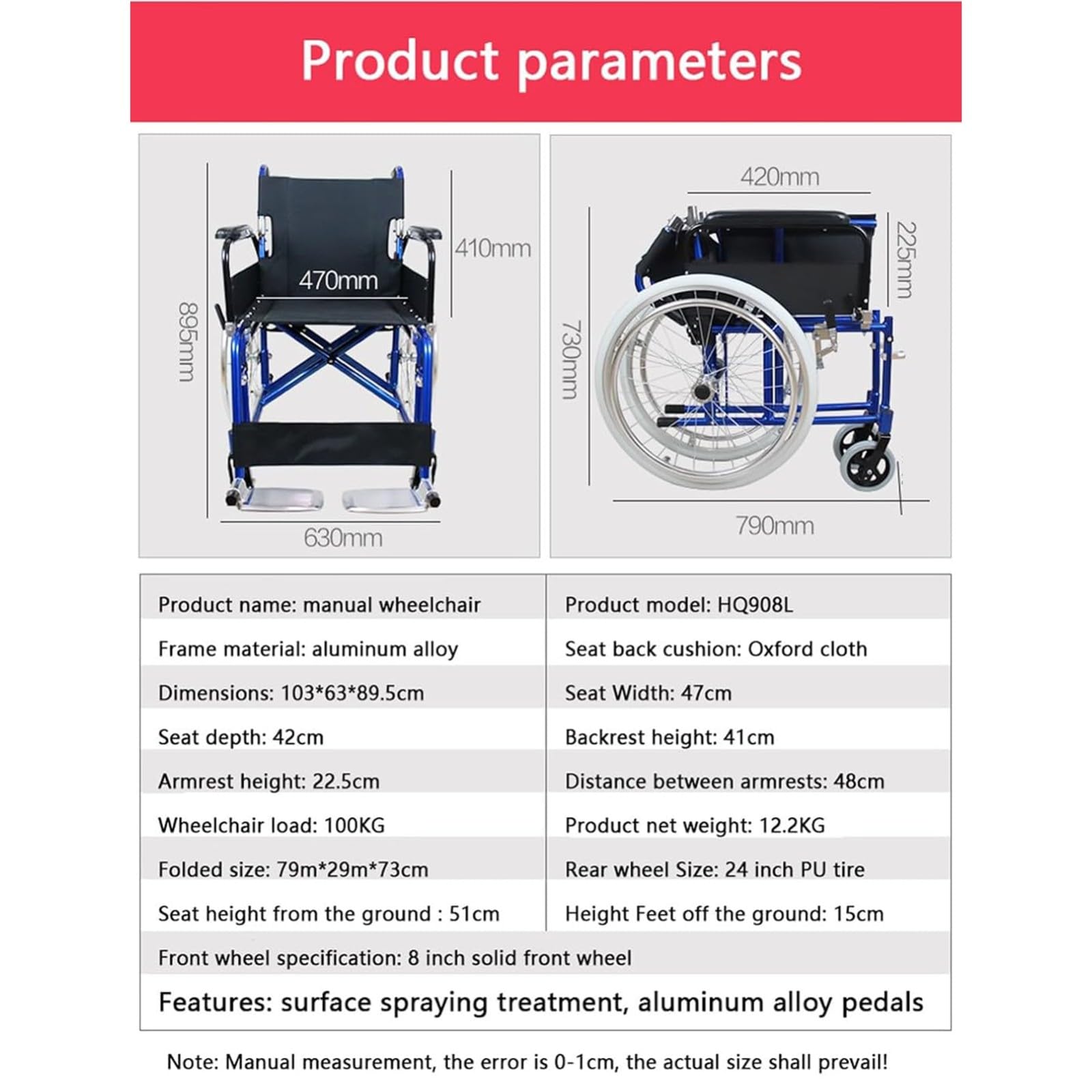 Silla De Ruedas De Aluminio para Viajes, Asiento 47 Cm,Silla De Ruedas De Tránsito Reposabrazos con Respaldo Plegable para Traslado,Plegable Silla De Ruedas Manual Ligera Reposapiés Abatibles