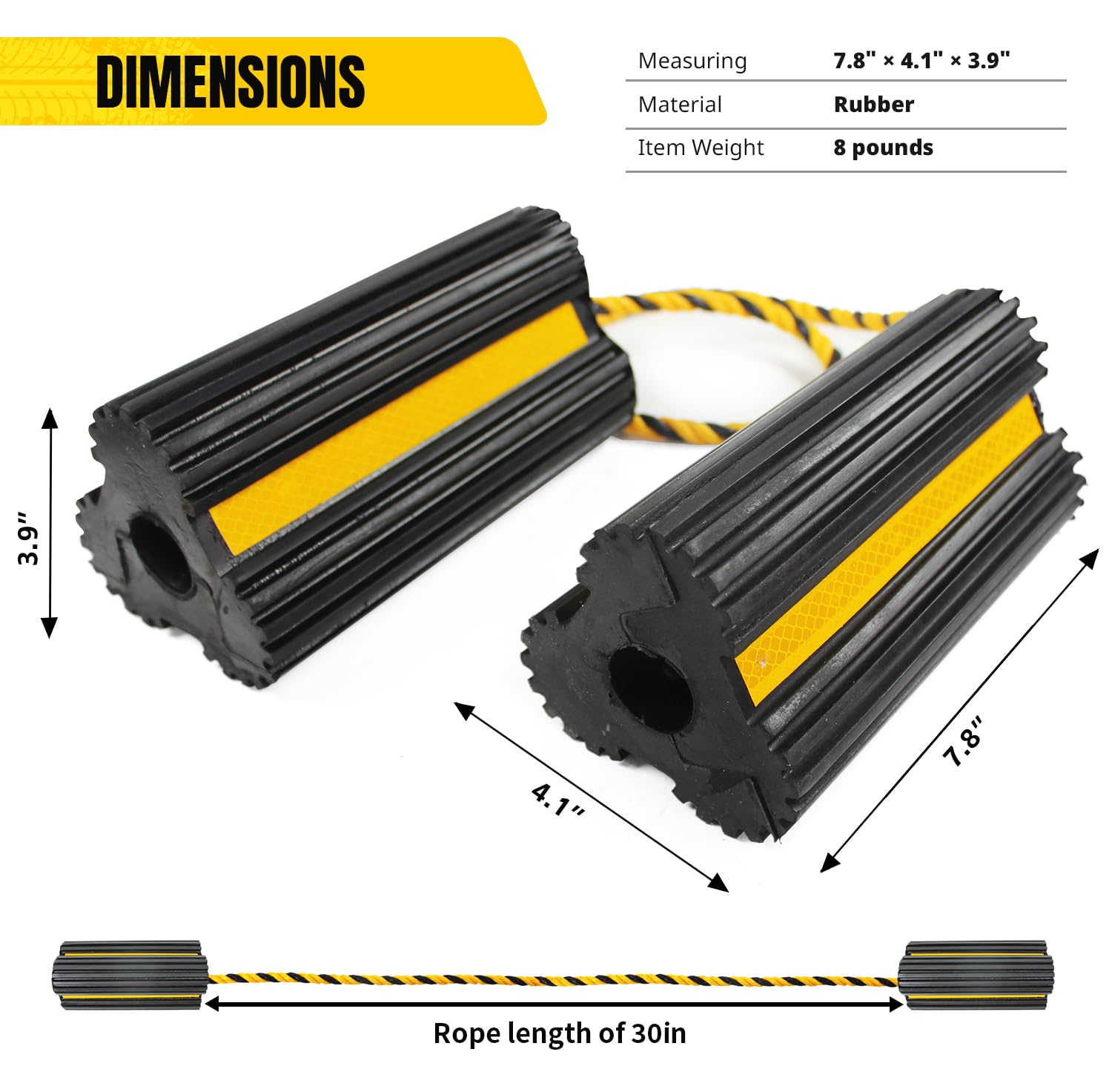 MaxxHaul 51244 Unterlegkeil aus Vollgummi, strapazierfähig, mit Nylonseil, gelbes reflektierendes Klebeband, 20 x 10 x 9 cm, für Wohnmobil, Anhänger, LKW, Auto, 4 Stück
