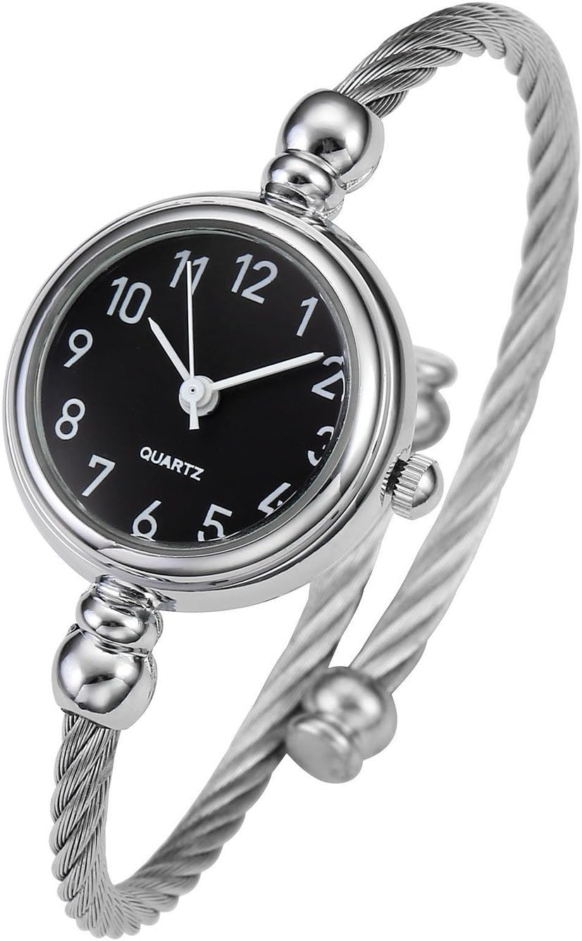 Womens Fashion Analog Quartz Bangle Cuff Wrist Bracelet Watch Elegant Stainless Steel Wire Band Arabic Numerals Dress Watches