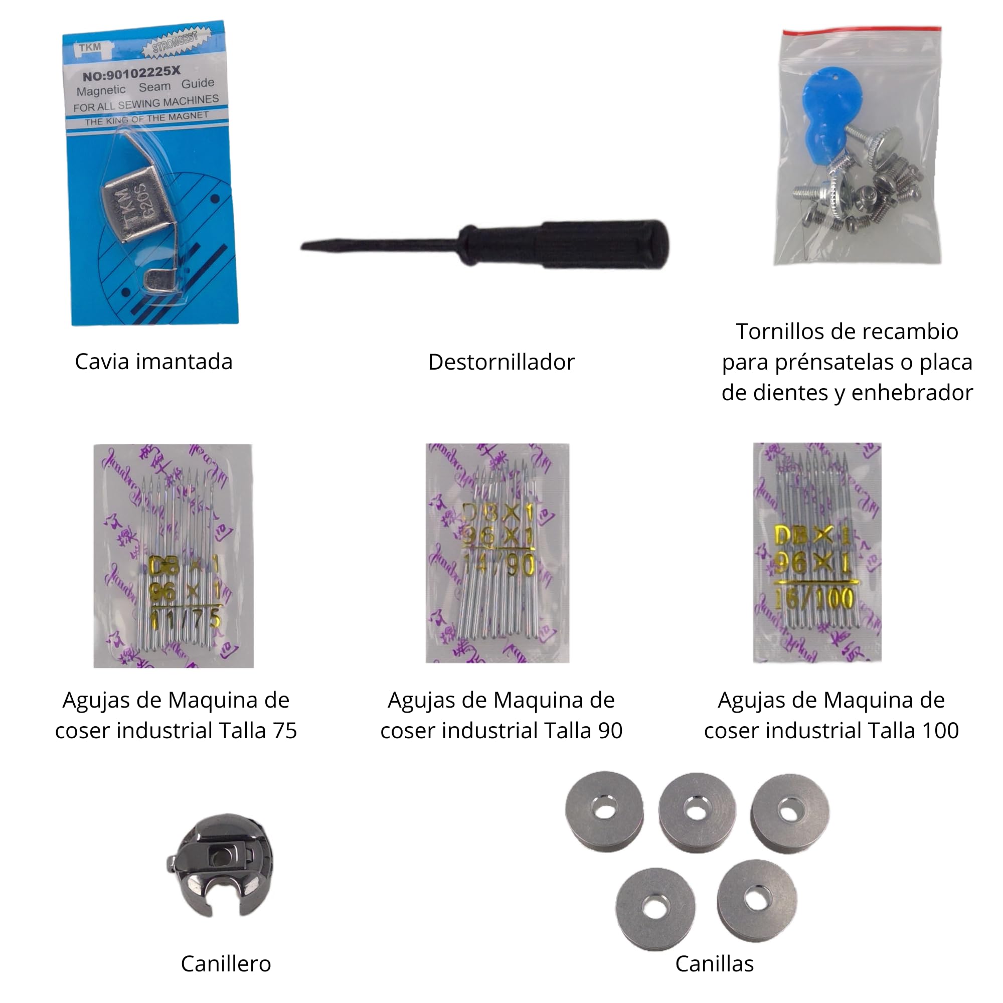 Kit De Accesorios Para Máquina De Coser Industrial – Juego Completo Con Prensatelas, Canillas, Agujas, Cavia Imantada, Destorinillador, Tornillos De Recambio Y Caja Organizadora