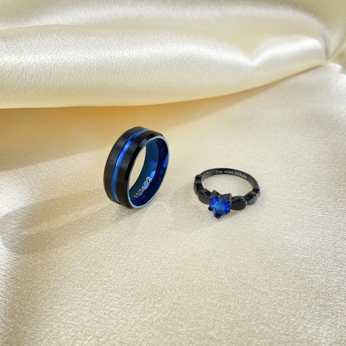 Personalized Couples Rings for Him/Her, Matching Promise Engagement Ring Set for Women and Men, Engraved Name Rings (blue & blue Cz couple rings)