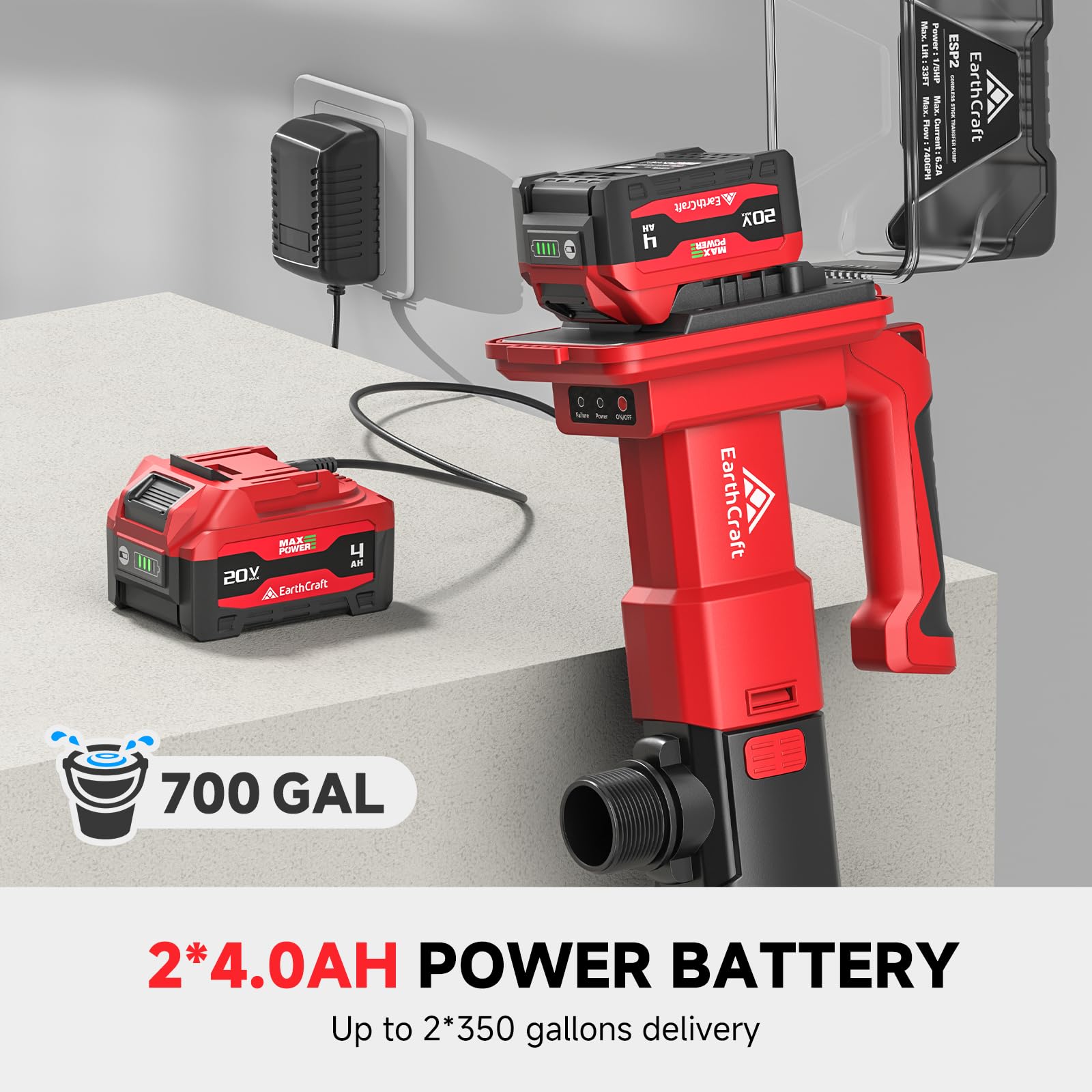 Amazon | EarthCraft コードレススティック水移送ポンプ 4.0AH 