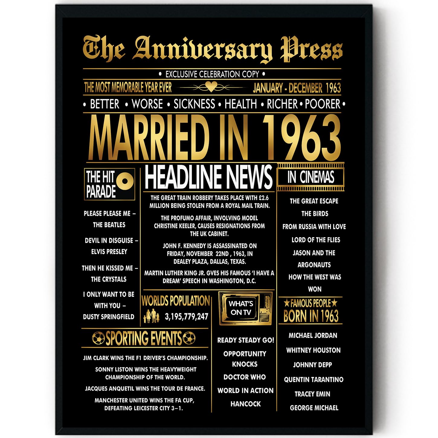 Stuff4 Gold 63rd Anniversary Poster Framed - Golden Married In 1963 Newspaper - 63 Anniversary for Men Women Retro Vintage Gifts Back In 1963, 8x10 Inch Bday Party Decor Decoration