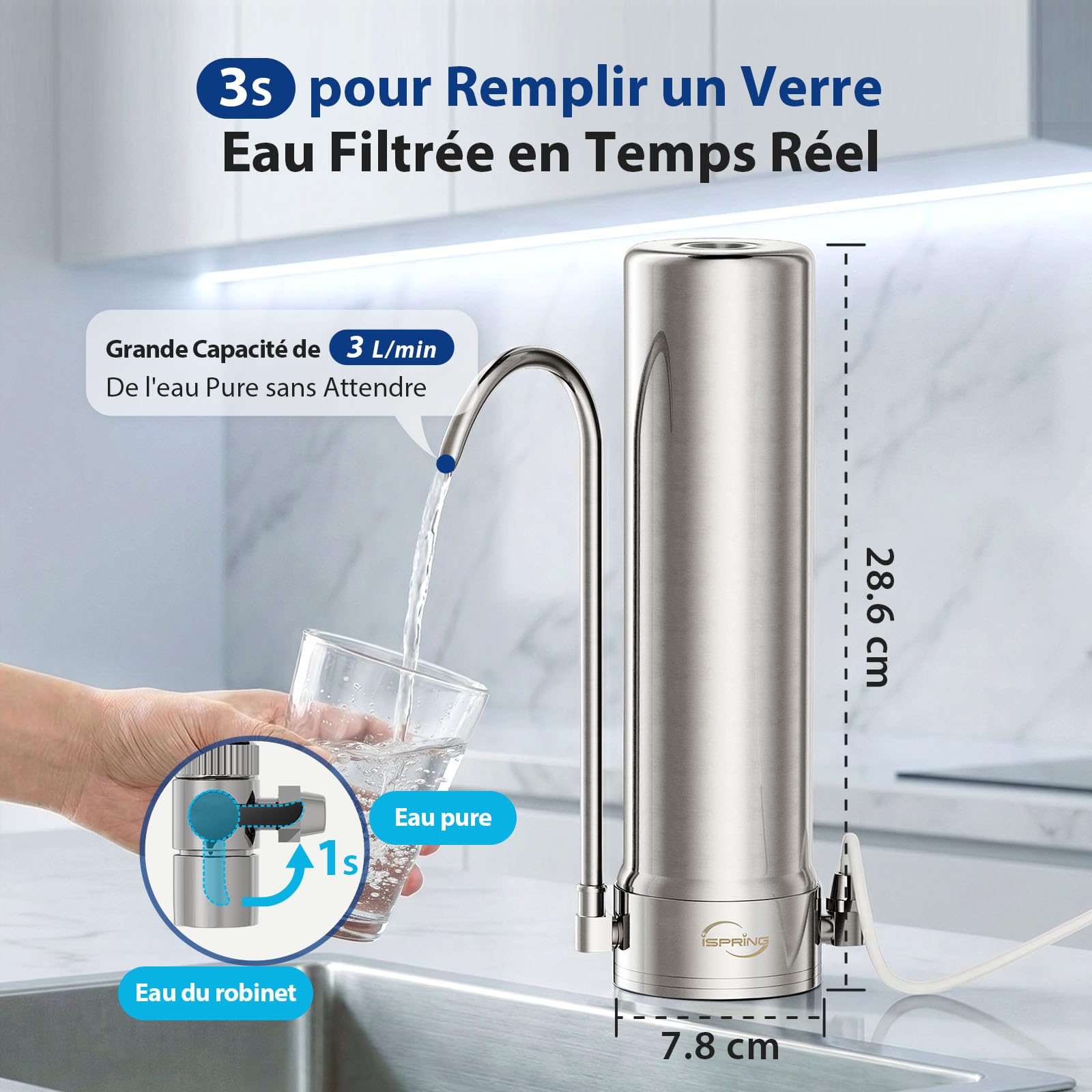 iSpring CKC1S Filtre à Eau Ultrafiltration 0,01µm Acier Inox | Ultrafiltration 0,01µm, Filtre à Charbon, Eau Potable Cuisine, Idéal Locataires, Installation sur Robinet Comptoir