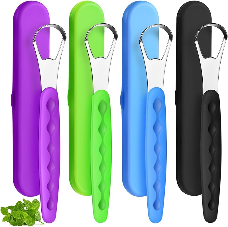 4 Pcs Tongue Scraper Cleaner Adults Kids,Green, Blue, Black and Purple | Stainless Steel Tongue Brush, Metal Scraper, Reduce Bad Breath, with Travel Cases