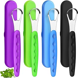 4 Pcs Tongue Scraper Cleaner Adults Kids,Green, Blue, Black and Purple | Stainless Steel Tongue Brush, Metal Scraper, Reduce Bad Breath, with Travel Cases