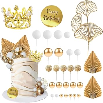 Pack of 30 Crown Cake Decoration Gold Cake Decoration Balls Ginkgo Leaves Fan Birthday Queen Cake Decoration Birthday Woman Golden Decoration Cake for Anniversary Wedding Theme Party