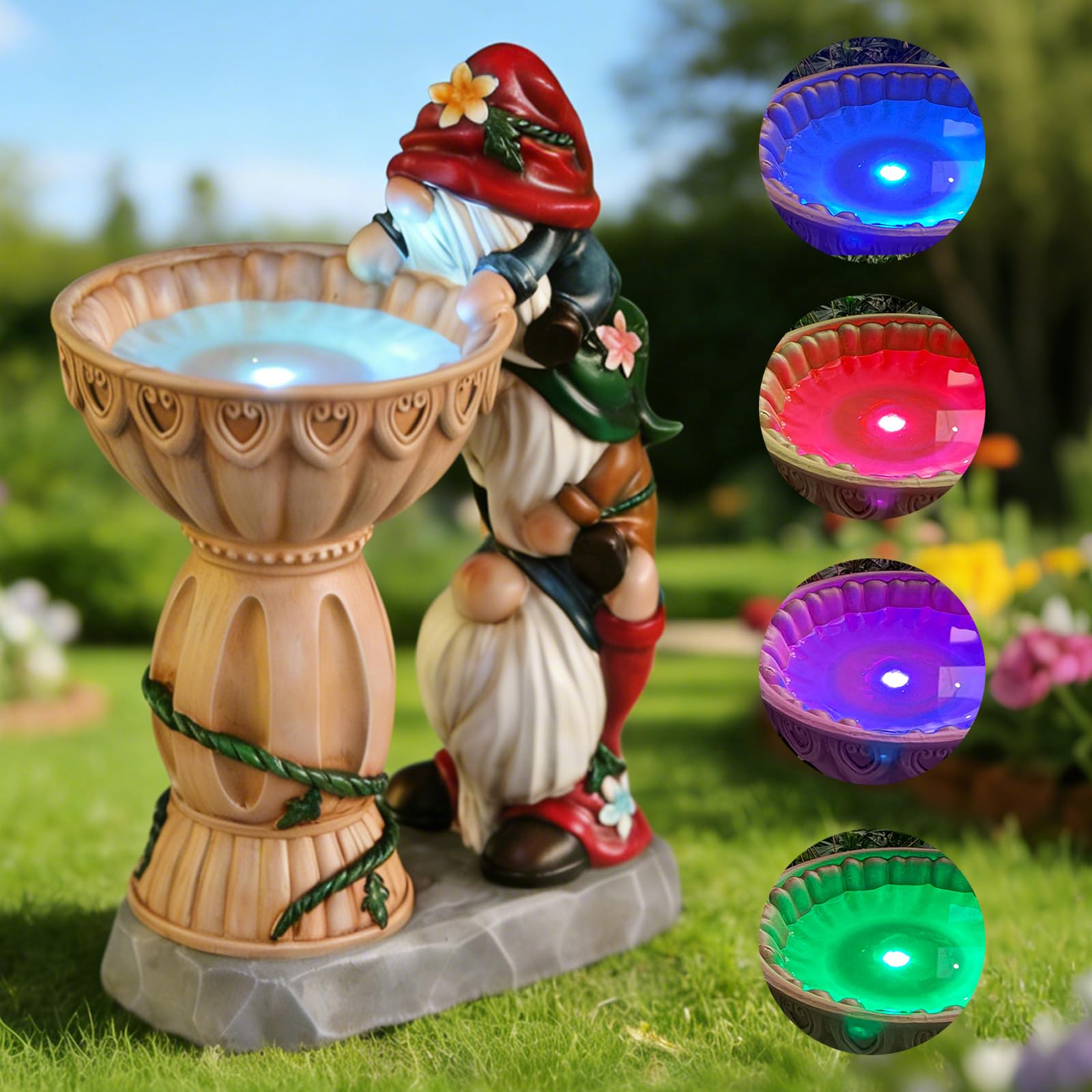 Sheaifun Gnomi da giardino Gnomi da giardino decorazioni da giardino per cortile luci colorate statue solari da esterno in resina con mangiatoia per uccelli all'aperto prato patio inaugurazione della