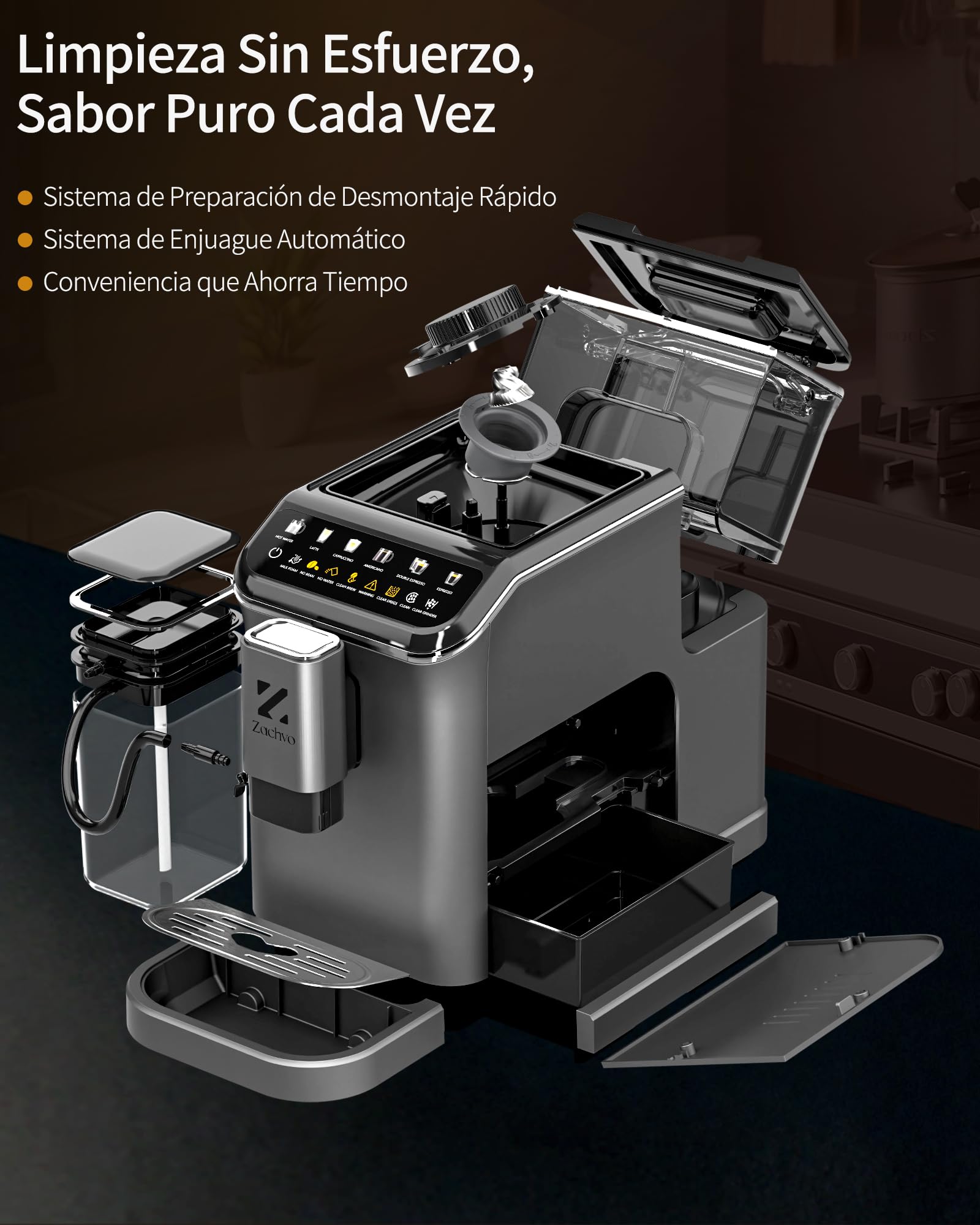 Cafetera Superautomática con Sistema de Leche–20 Bares, 7 Bebidas, 15 Niveles de Molido, Depósito de Agua de 1,5L, Doble Caldera, Control PID, Limpieza Automática,Pantalla Táctil，Café con Leche