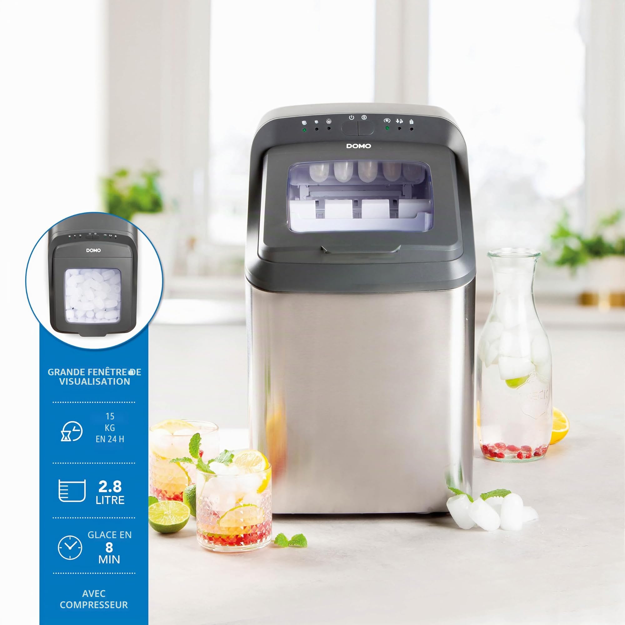 DOMO DO9247IB Machine à Glaçons Automatique 15 kg/24h – Réservoir 2,8 L – Machine à glaçons autonettoyante – Petite machine à glaçons pour Cuisine et Home-Bar