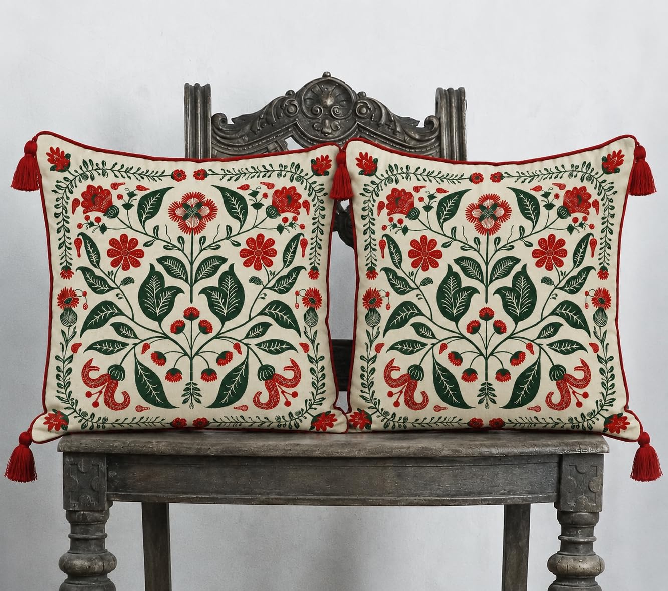 Floral Cushion Covers with Tassels Cream Red & Green, Decorative Sofa & Chair Throw Pillow Covers, 16×16inch, Set of 2-image-9