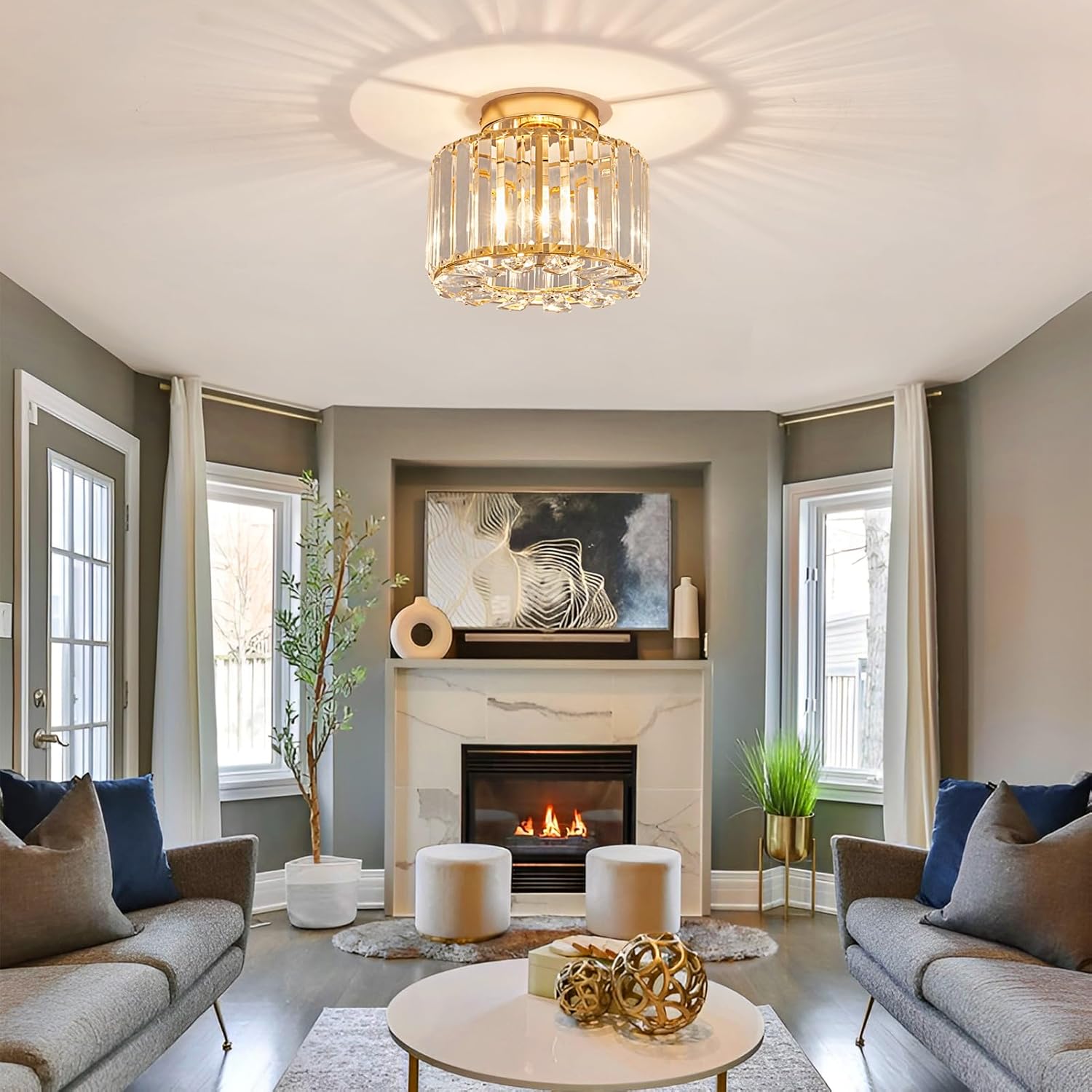 Elegant Gold Crystal Chandelier - Modern Semi Flush Mount Ceiling Light Fixtures for Hallway, Kitchen, Bedroom, Living Room, and More