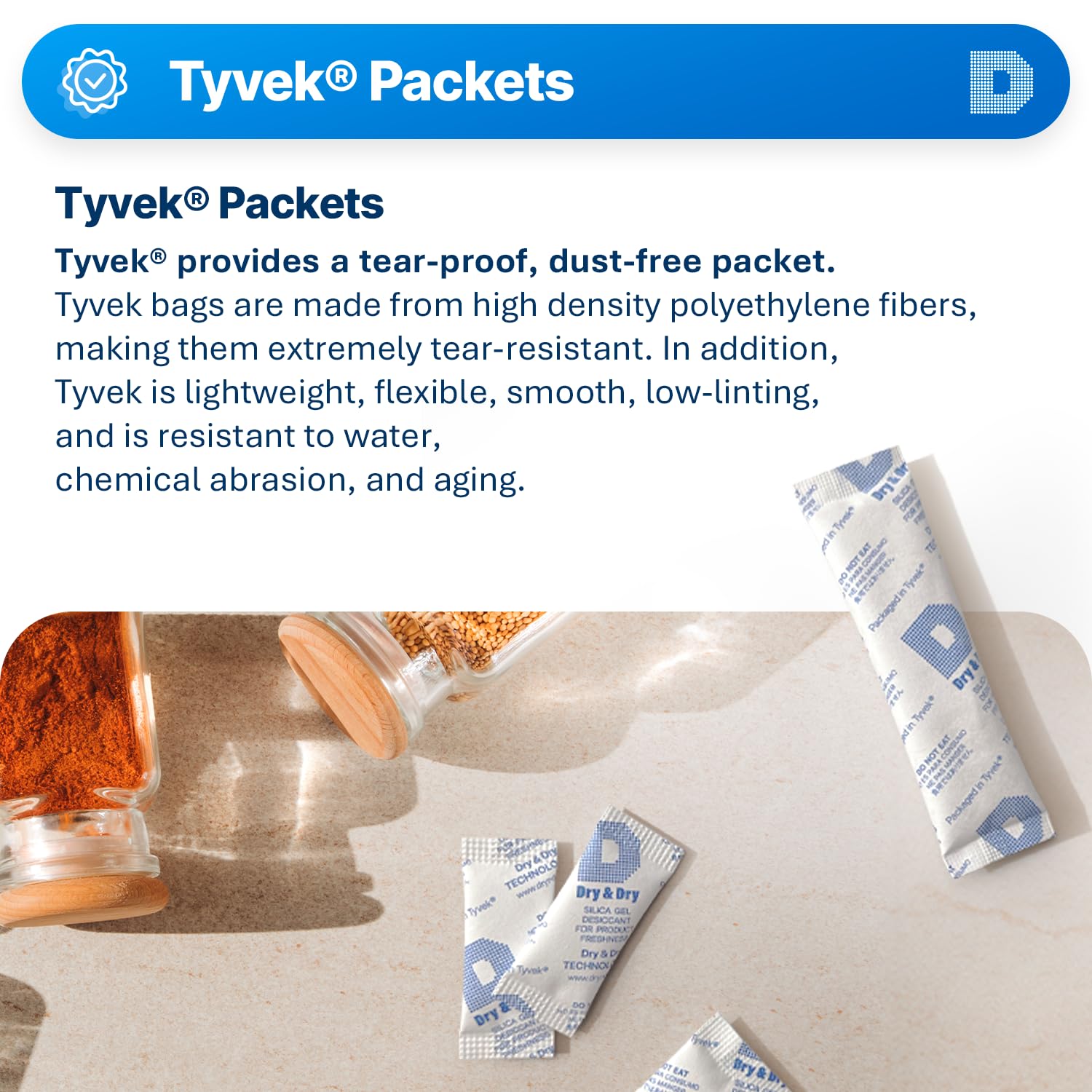 Dry & Dry 1 gramme [100 paquets] Packs de gel de silice de séchage sûrs pour les aliments et les produits pharmaceutiques - Packs de gel de silice Tyvek Rechargeables, absorbants d'humidité