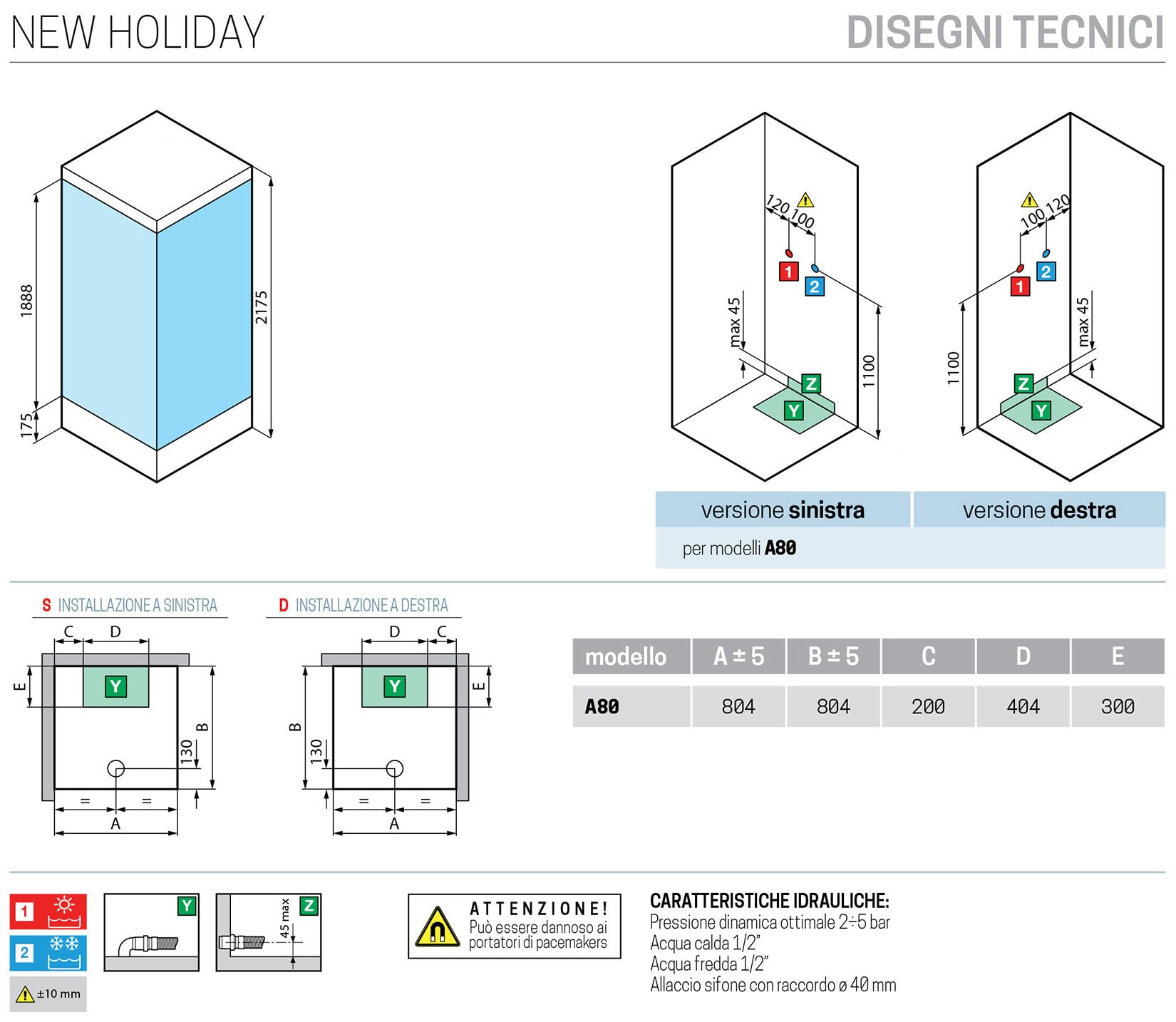 Novellini New Holiday A80 Standard con techo de 80 x 80 cm, cabina de ducha equipada con 2 puertas correderas y 2 fijas paneles reversibles mezclador termostático cristal Aqua perfil blanco altura