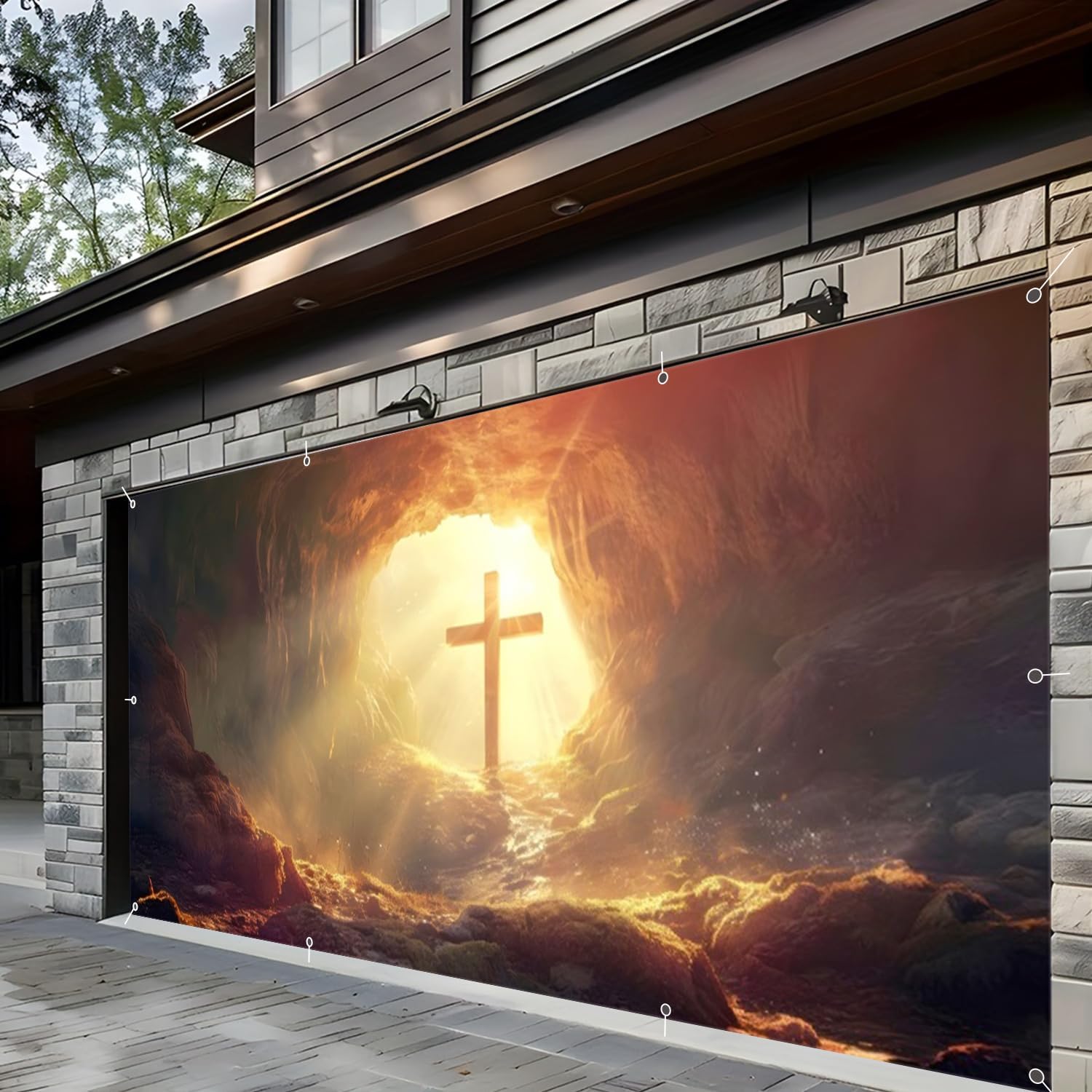 Easter Garage Door Cover 7x16ft Large Religious Garage Door Decorations Resurrection of Jesus Banner Holy Lights Cross Garage Door Easter Cover Decoration for Outdoor Home Yard Wall Decor