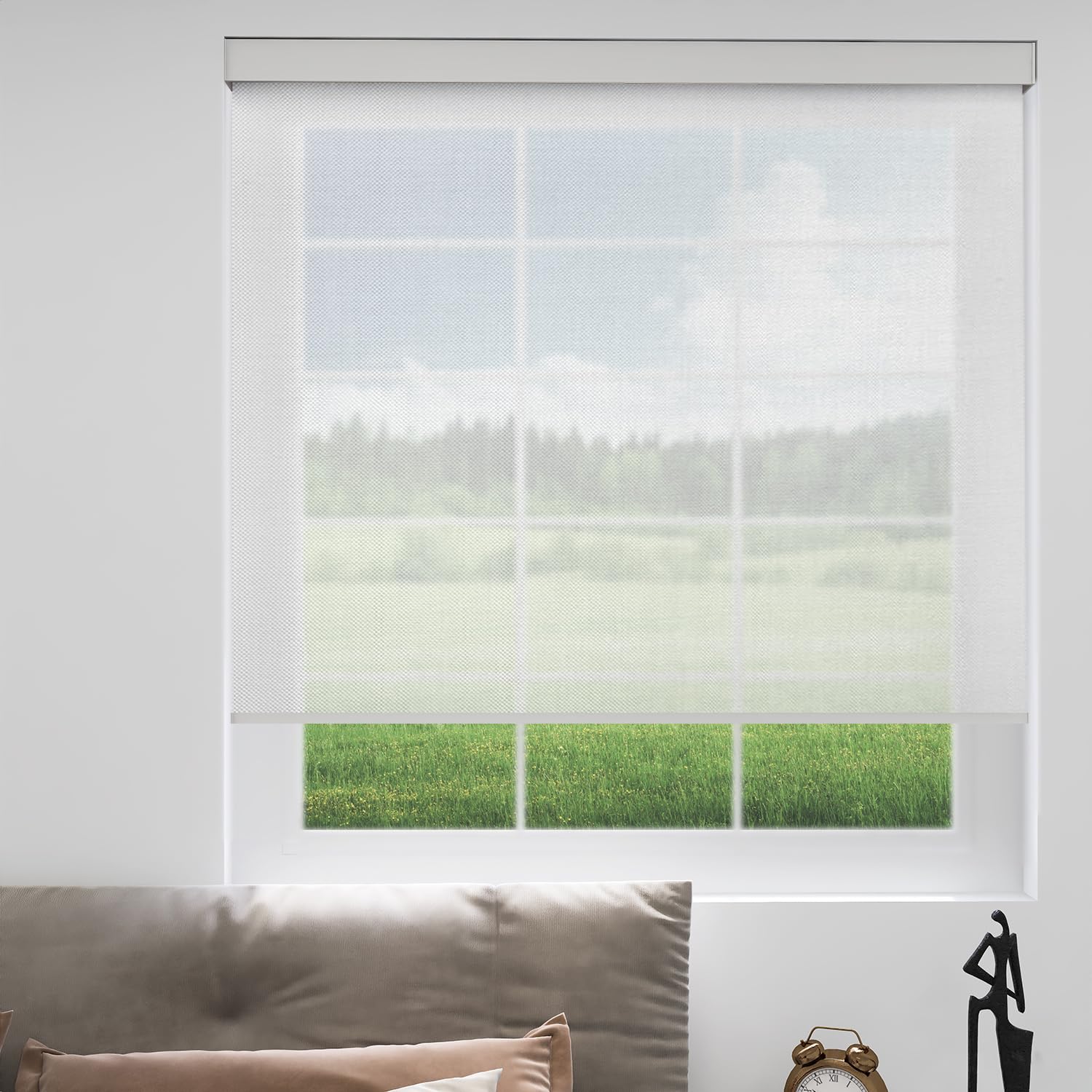 ZSHINE Rechargeable Version Motorized Roller Shades Customized Size Solar Shades Light Filtering Sunshine Fabric for Office Home Villa (82006A White)