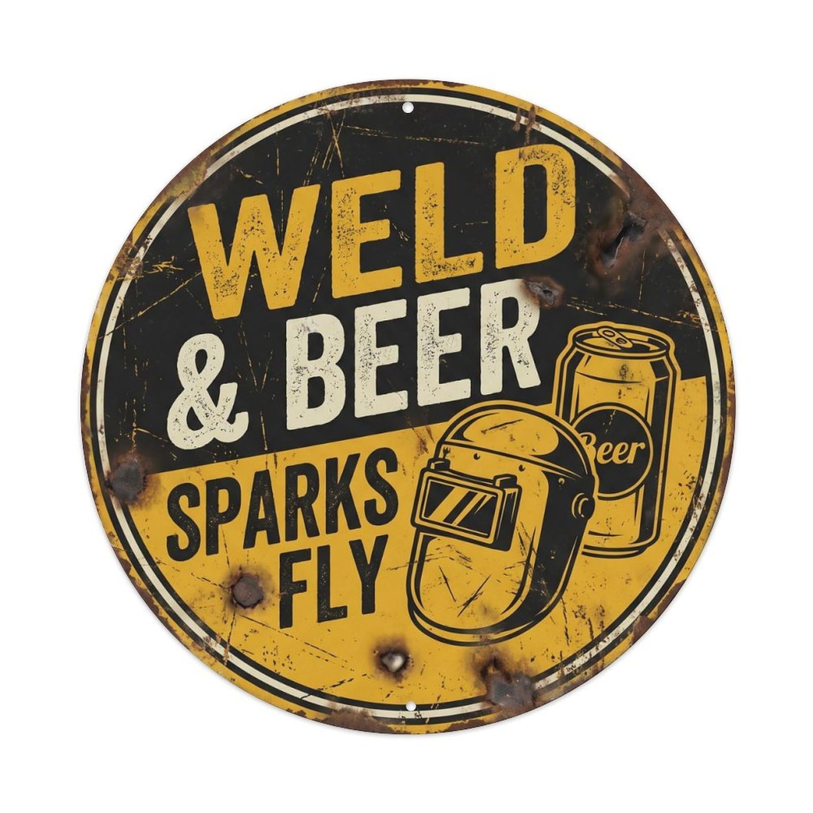 Retro Bar Style Welding Tough Workshop Beer Metal Tin Sign Plaque Wall Decor for Cafe, Club, Garden Round Metal Poster 8x8Inch