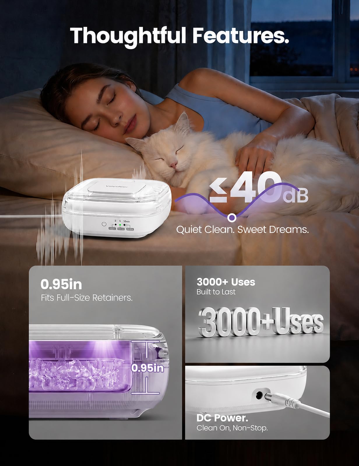 VAYDEER Nettoyeur Ultrason 48kHz Compact Silencieux 3 Modes UV pour Appareil Dentaire Prothèse Bijoux Blanc
