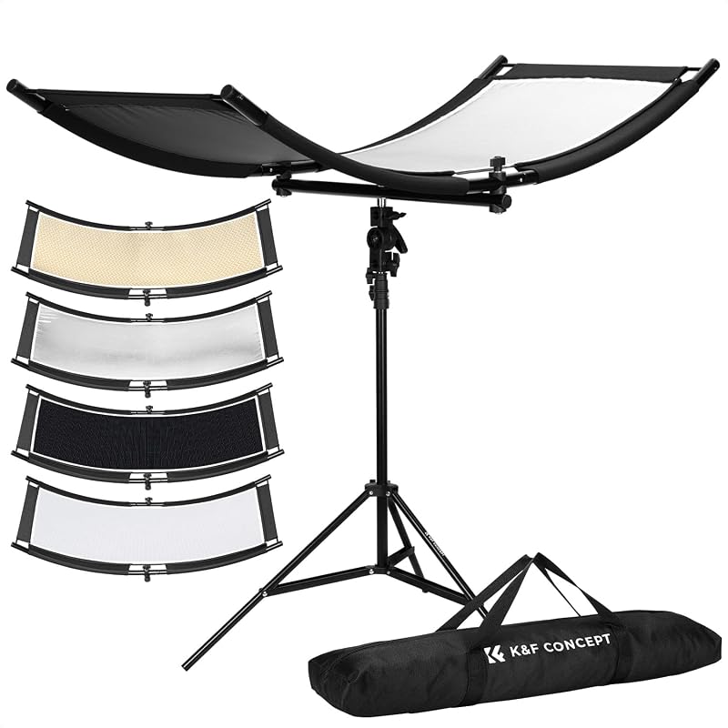 K&F CONCEPT U-Shape Reflector, 100x45cm, with 1.5m Stand, 4-in-1 Reflector | 4-in-1 Reflective Fabric, Black/Gold/White/Silver, with Storage Bag, for Photography Studios LE11