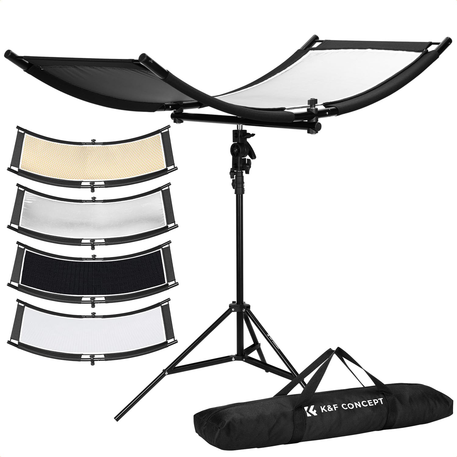 K&F CONCEPT Riflettore curvo U-Reflector 100x45cm con riflettore 4 in 1, nero/oro/bianco/argento, con supporto da 1,5 m, con custodia, adatto per studi fotografici