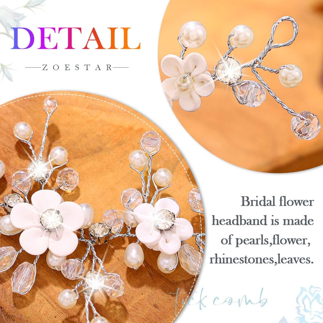 Flower Bride Wedding Hair Vine Silver Pearl Headband Hair Piece Crystal Bridal Hair Accessories for Women and Girls (Silver, One Size) - Image 5