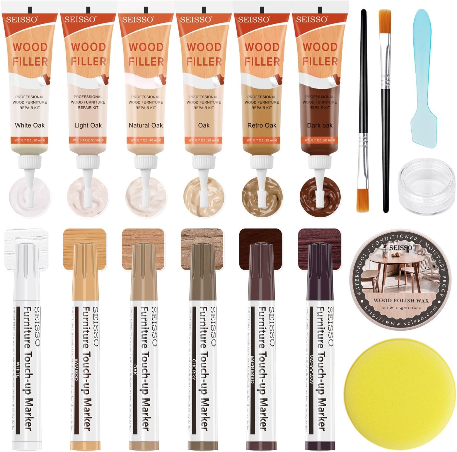 Wood Furniture Repair Kit 6 Oak Color Wood Fillers with 6 Touch Up Markers and