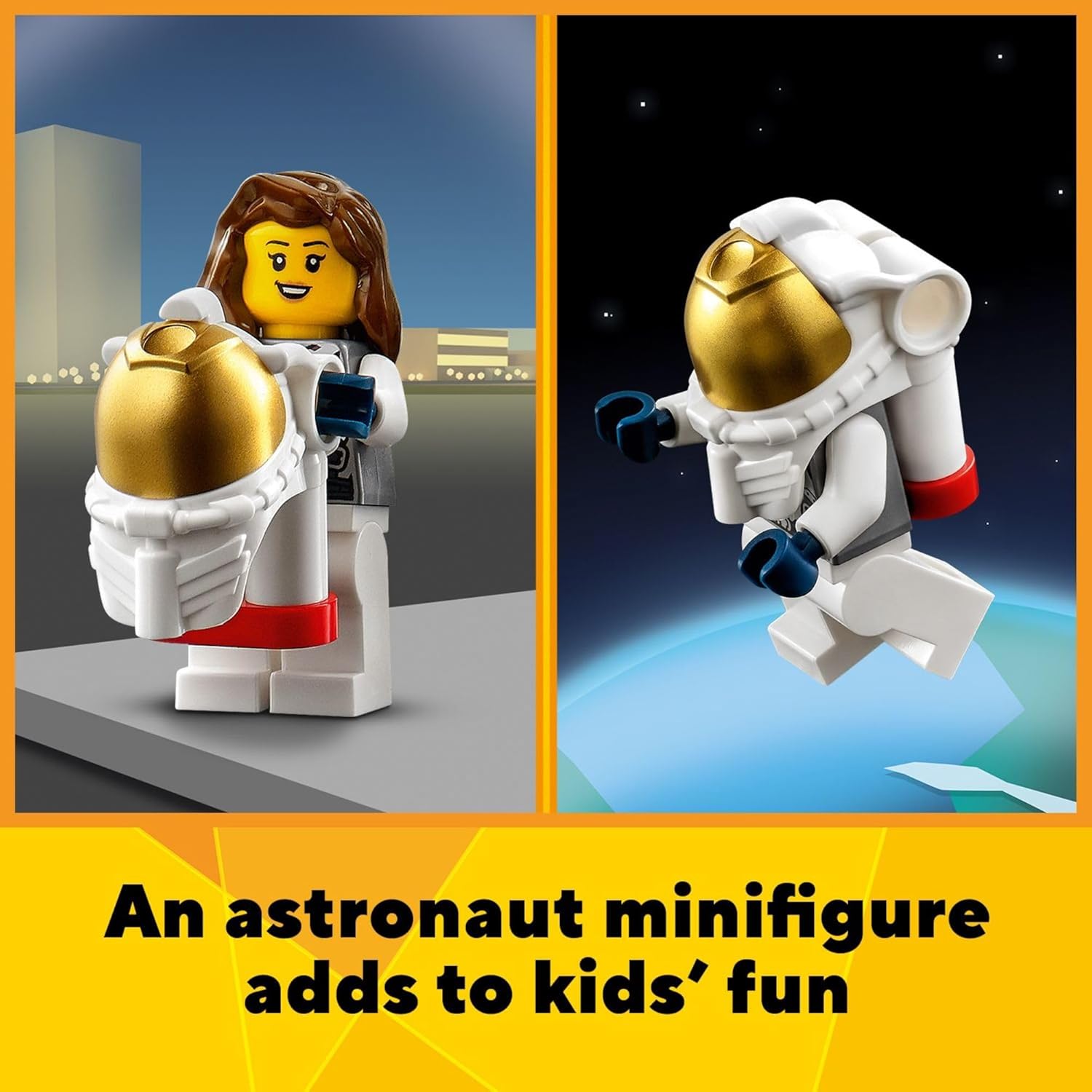 LEGO astronaut minifigure with helmet and hair piece