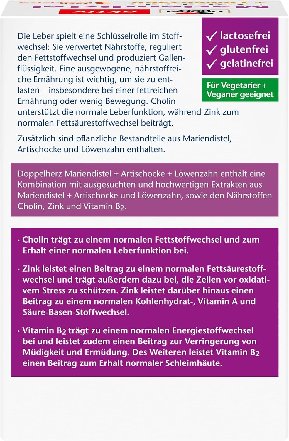 Doppelherz Mariendistel + Artischocke + Löwenzahn - Cholin trägt zum Erhalt der normalen Leberfunktion bei - 120 Kapseln