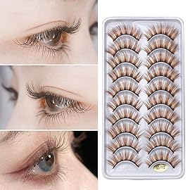 outopen 10 Pairs Brown Eyelashes Blonde Colored Lashes Wispy Halloween Eye Lashes Cosplay Makeup Natural Looking Masquerade Party Eyelashes Extension Tool