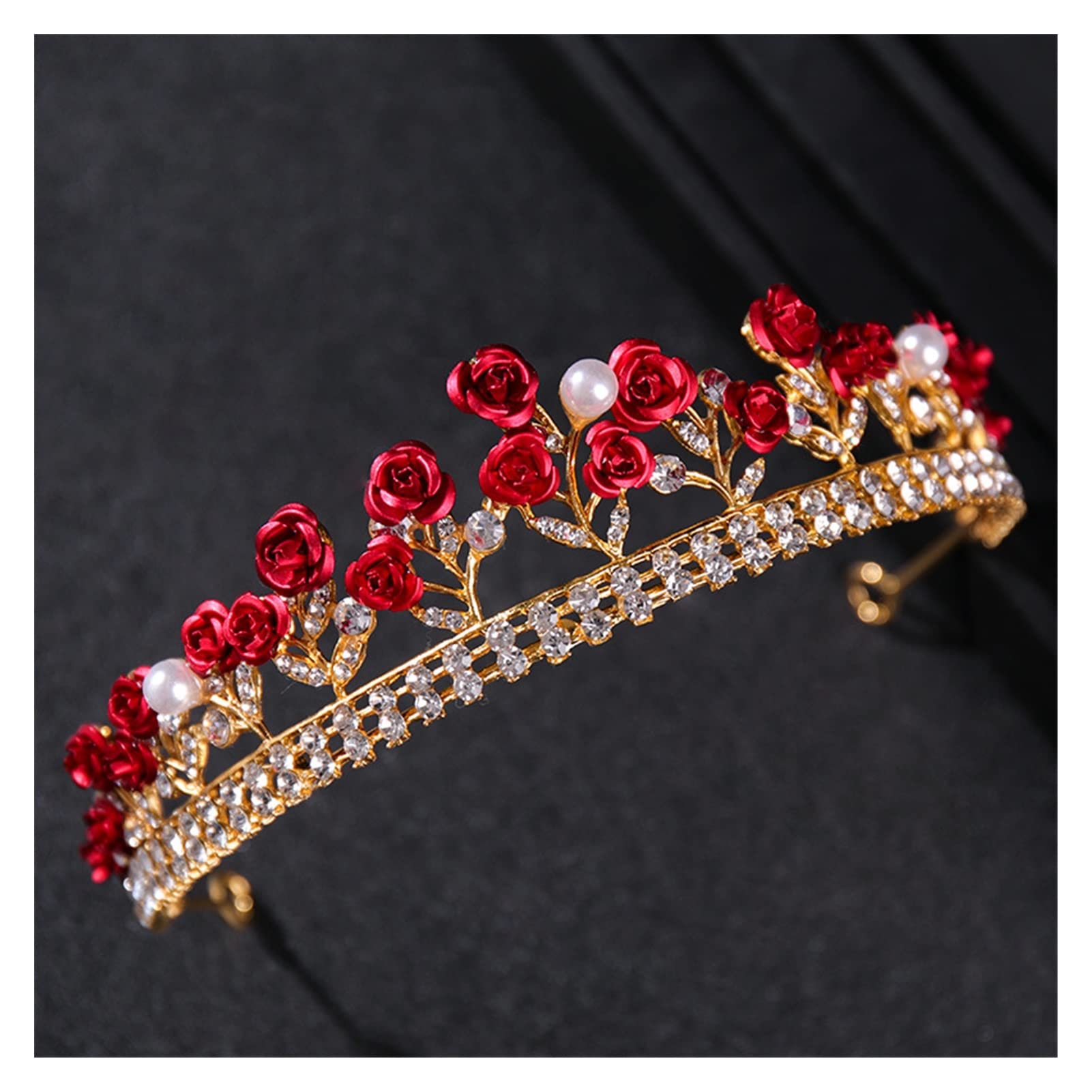 Kwiat kryształowa korona Tiara czerwona róża elegancka opaska do włosów z pałąkiem na głowę Diadem kobiety ślubne akcesoria do włosów dla nowożeńców biżuteria złoty kolor Tiara (kolor metalu: złoty)