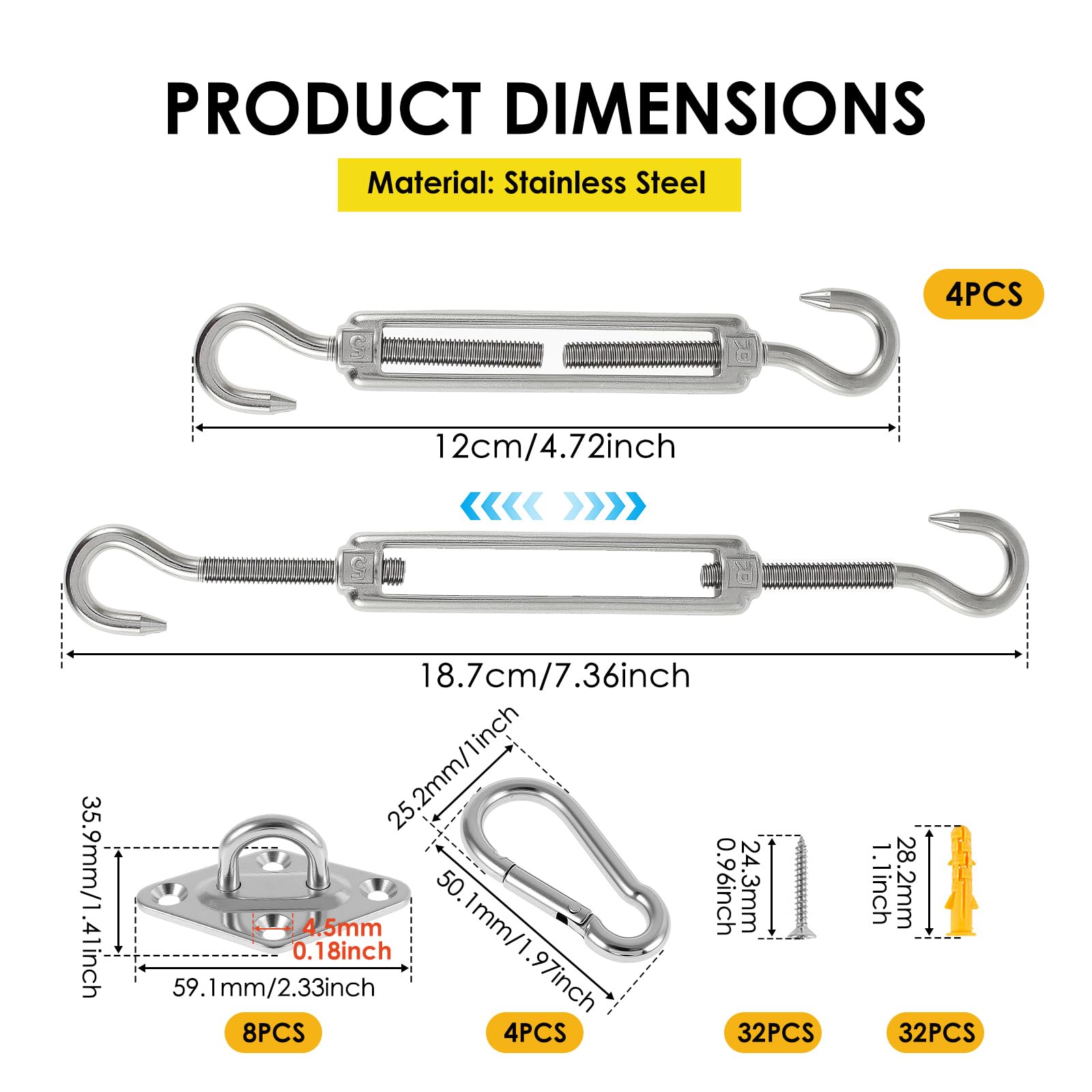 Kit de 80 piezas de accesorios para toldo, acero inoxidable 304 con tensores de 6 pulgadas para instalación de toldo rectangular triangular, resistente al aire libre, patio, jardín, pérgola, patio