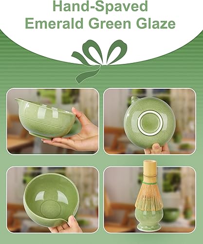 Miniatura 5 de ZENS Juego de batidor de matcha, juego de 5 piezas de matcha que incluye cuenco verde esmeralda, batidor de bambú hecho a mano y soporte de Chasen