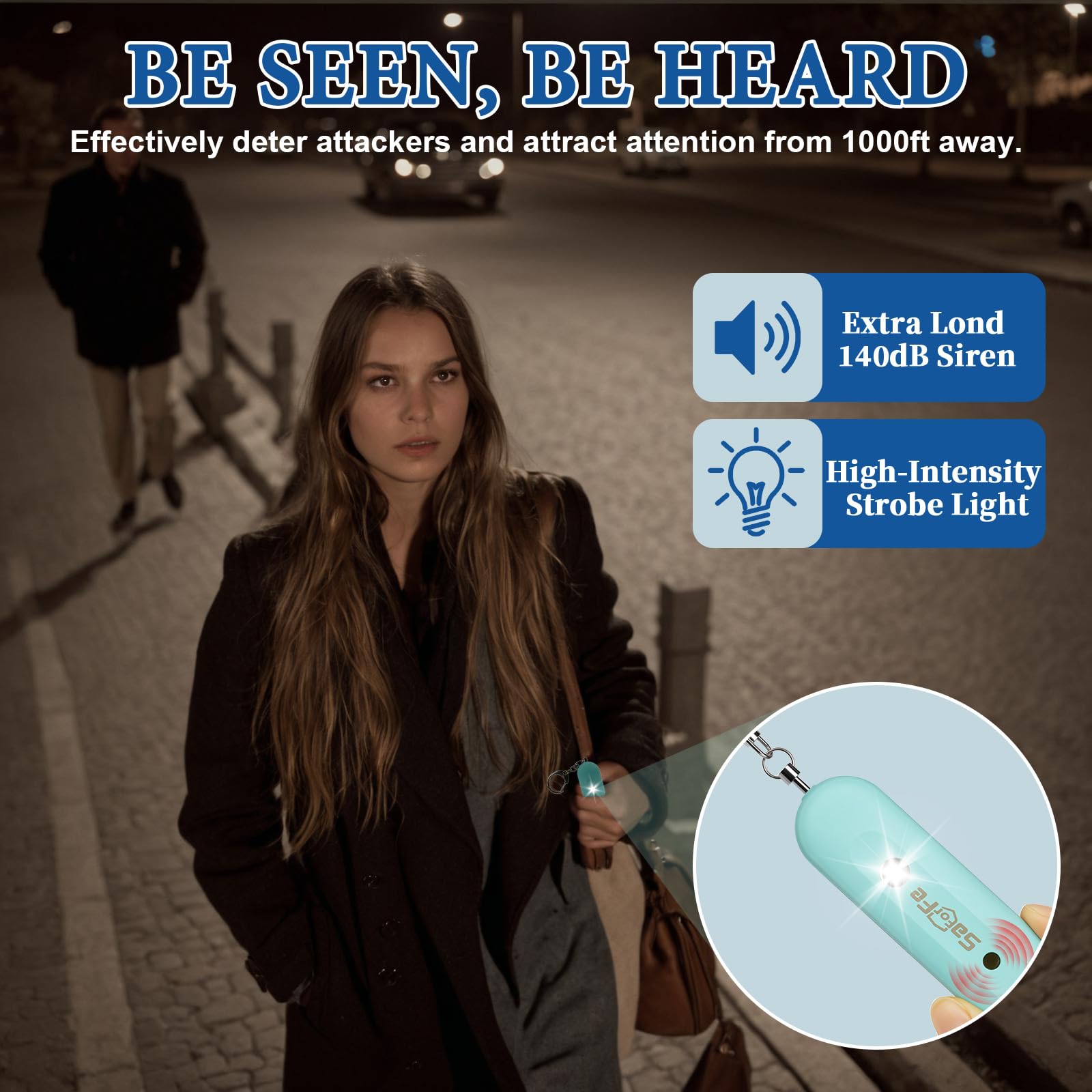 Alarme de sécurité personnelle rechargeable pour femme – Porte-clés d'alarme d'autodéfense 140 dB avec lumière stroboscopique, appareils d'alerte de sécurité d'urgence pour femmes, filles, enfants