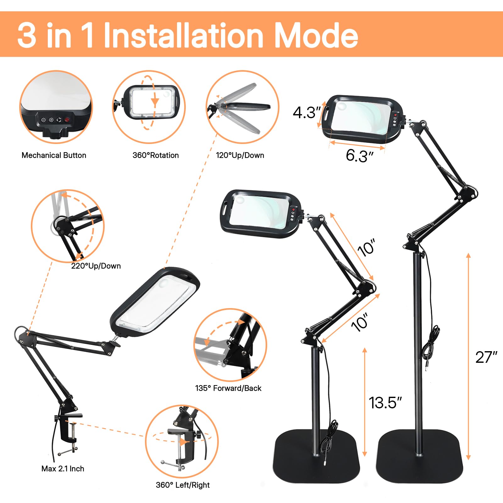 GABORISH 10 lupas de pie 30 X con luz y soporte, lámpara de lupa 3 en 1 con 60 LED, brazo plegable rectangular con abrazadera, 5 modos de color regulable, sin manos, lupa de lectura con luz para
