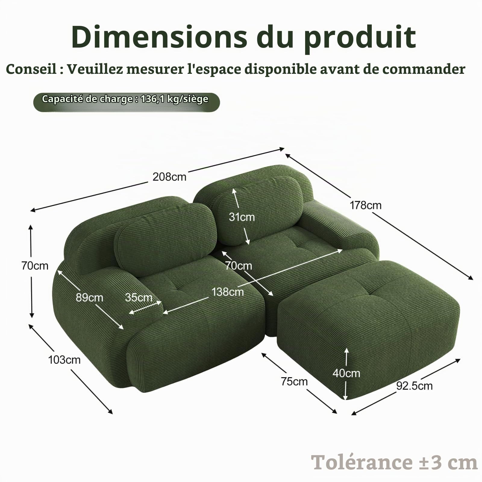 KOMHTOM Canapé Salon Moderne, Canapé Modulaire en Velours Côtelé, Coussin d'assise Confortable en Mousse Haute Densité 32D, Asssise Extra Profonde (Vert, 2 Places en L)