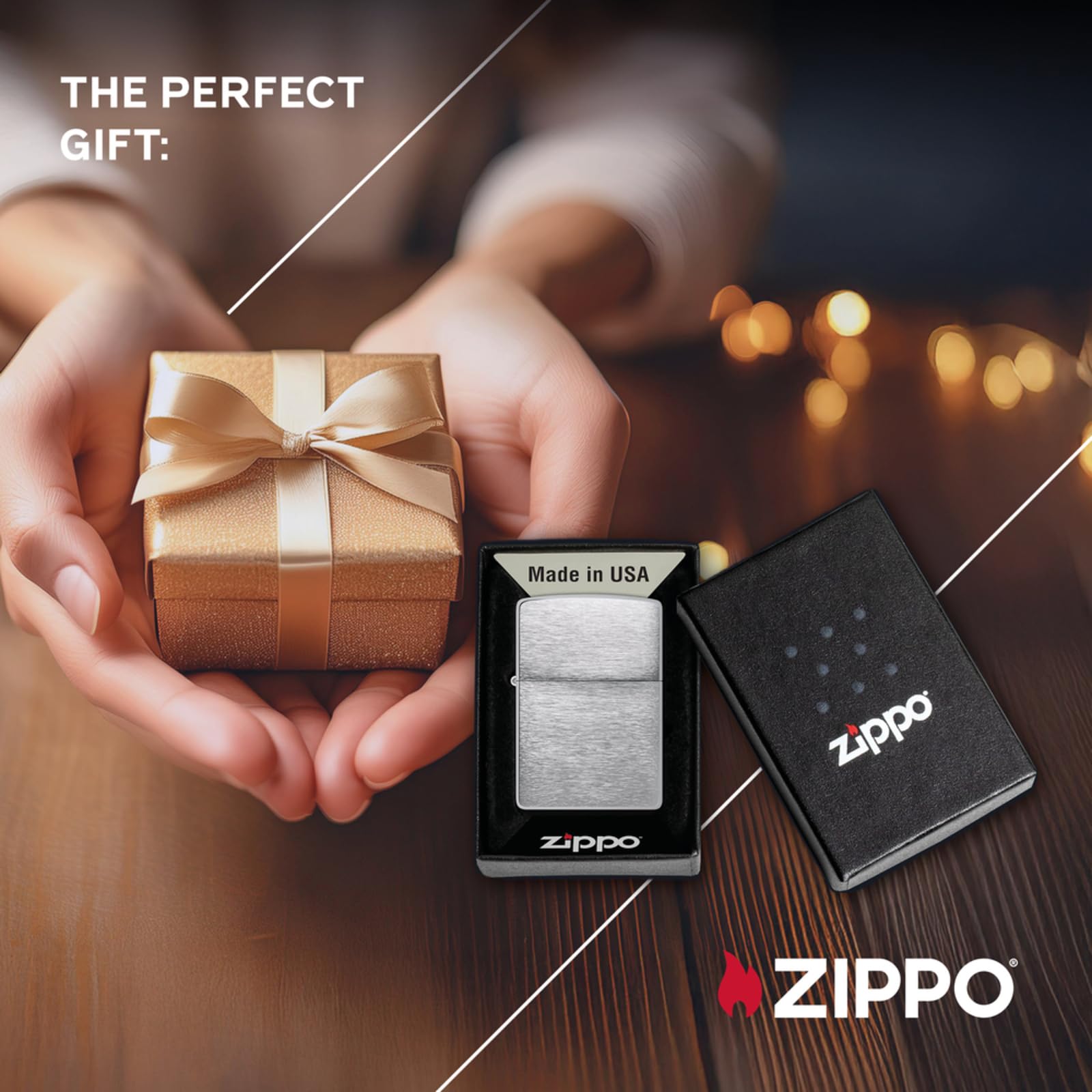 Zippo Accendino antivento – Design fiamma – Cromo spazzolato – Ricaricabile – Riutilizzabile – Antivento – Confezione regalo – Metallo – Made in USA