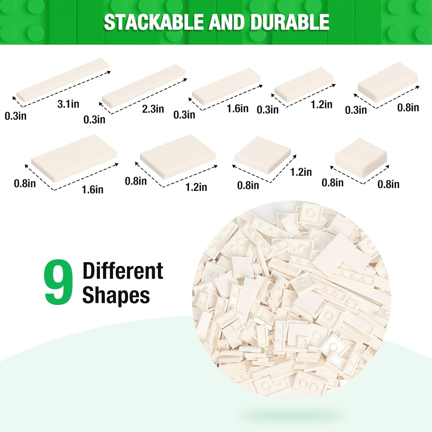 MANNIDOO 1200 Pieces Flat Pieces, 9 Sizes Classic Moc Parts and Pieces Tiles Expansion Set - Compatible with All Major Brands, Building Bricks Bulks for Smooth Surface, White