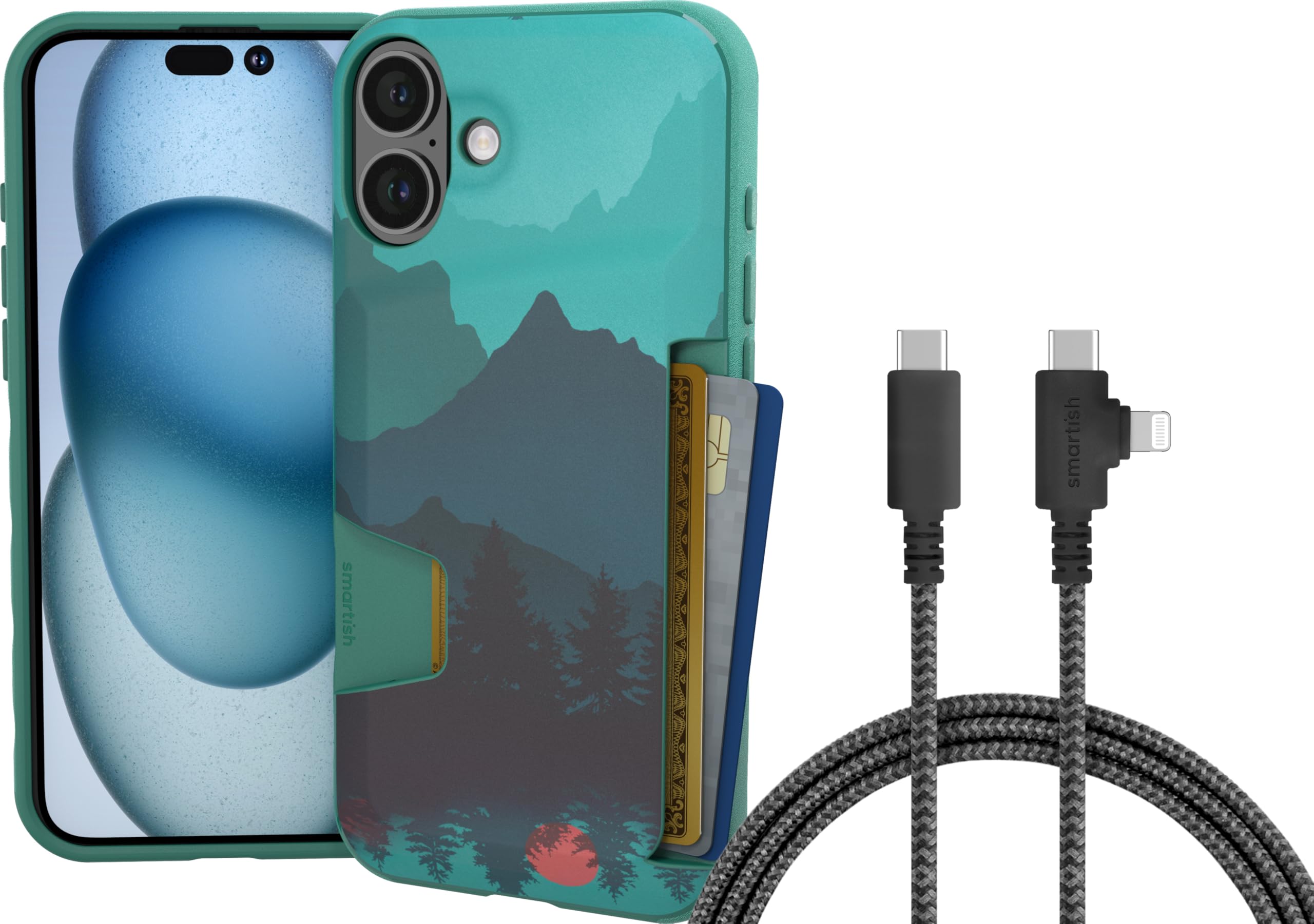 Smartish iPhone 16 Plus Wallet Case + USB C Lightning Cable Combo - 6 Foot Fabric Wrapped Fast Charging Cable + Hidden Card Slot Cover Compatible with Apple iPhone 16 Plus