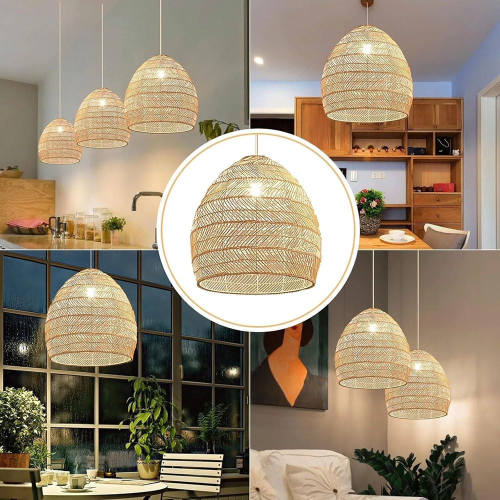 Beżowe lampy wiszące z rattanu nad wyspę kuchenną, żyrandol w stylu rustykalnym z ręcznie plecionym kloszem z wikliny, regulowana wysokość lampy wiszącej w stylu boho do wyspy kuchennej/jadalni/sypial