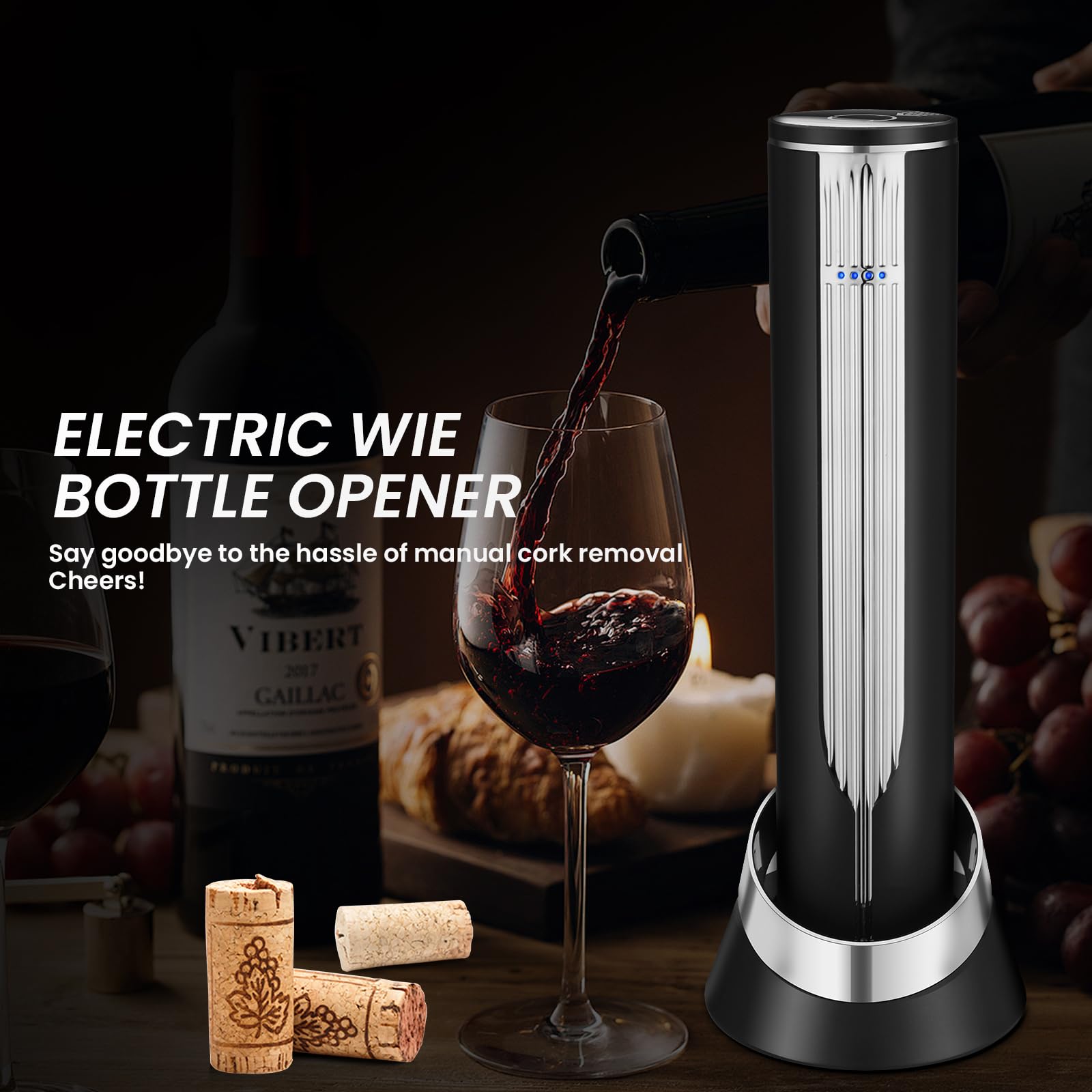 BLUBYEES Abridor eléctrico de botellas de vino de lujo con base de carga y cortador de papel de aluminio integrado, sacacorchos automático recargable para quitar el corcho sin esfuerzo, regalos