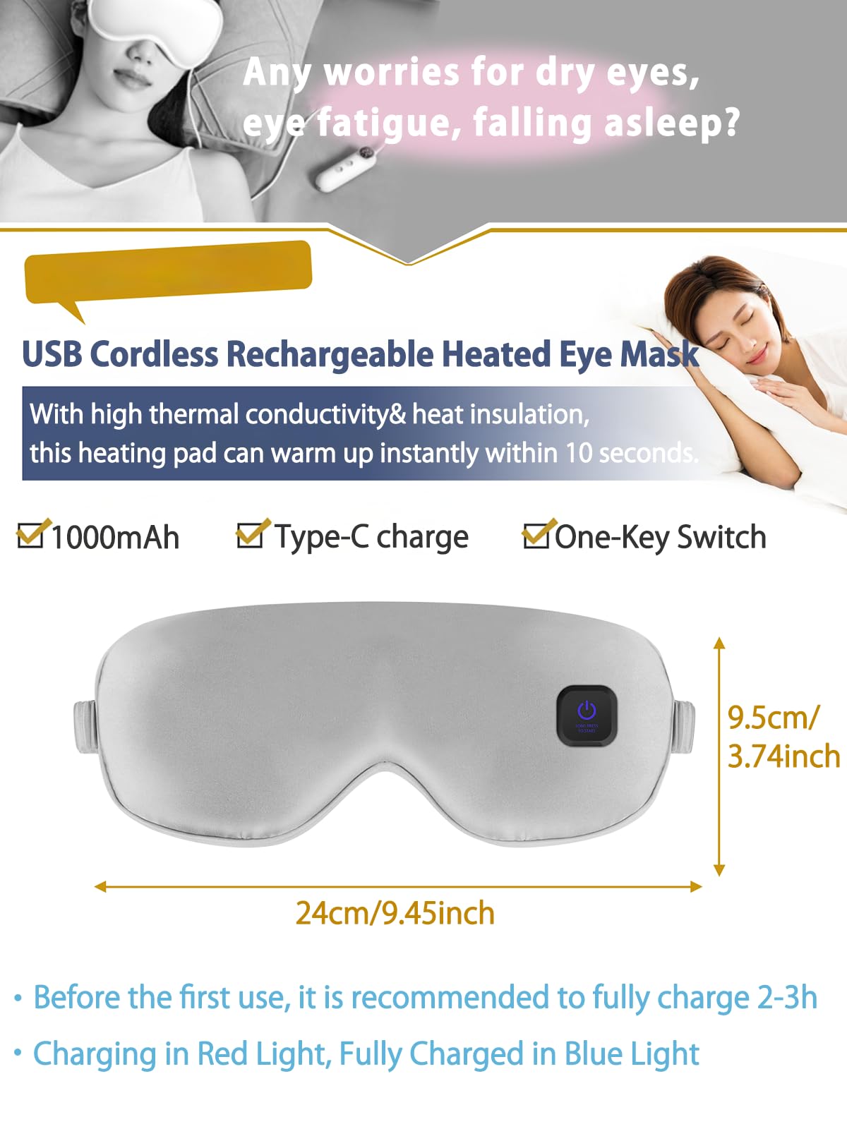 Maschera Per Occhi Riscaldata In Seta Con 3 Temperature – Ricaricabile USB, Senza Pressione, Per Dormire E Relax (Uomo/Donna)