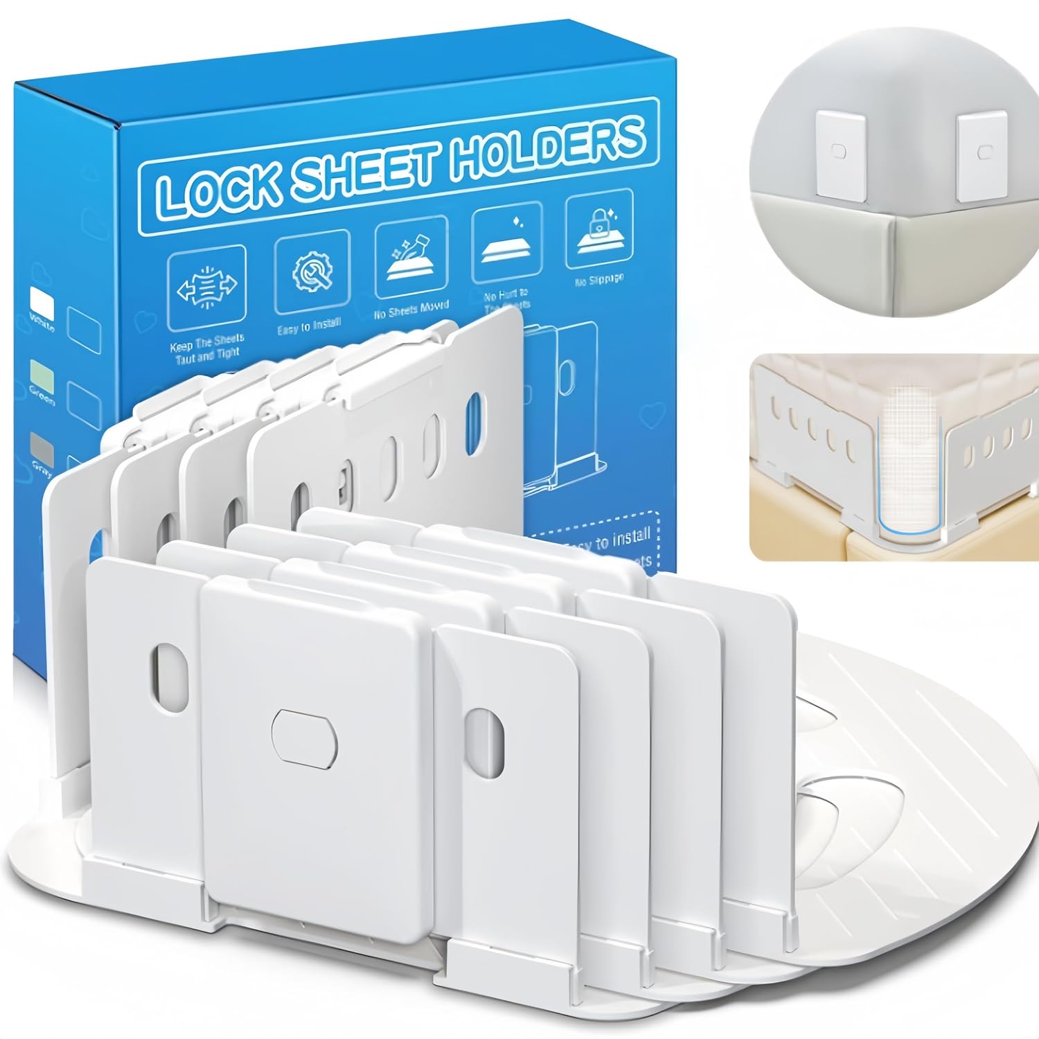 Bed Sheet Holders for Corners, Upgrade 4Pcs Fitted Sheet Holders with 8-Lock Design to Keep Sheets Tight, Durable Heavy Duty Bed Sheet Clips and Locks, Fit for All Mattresses, Easy to Install