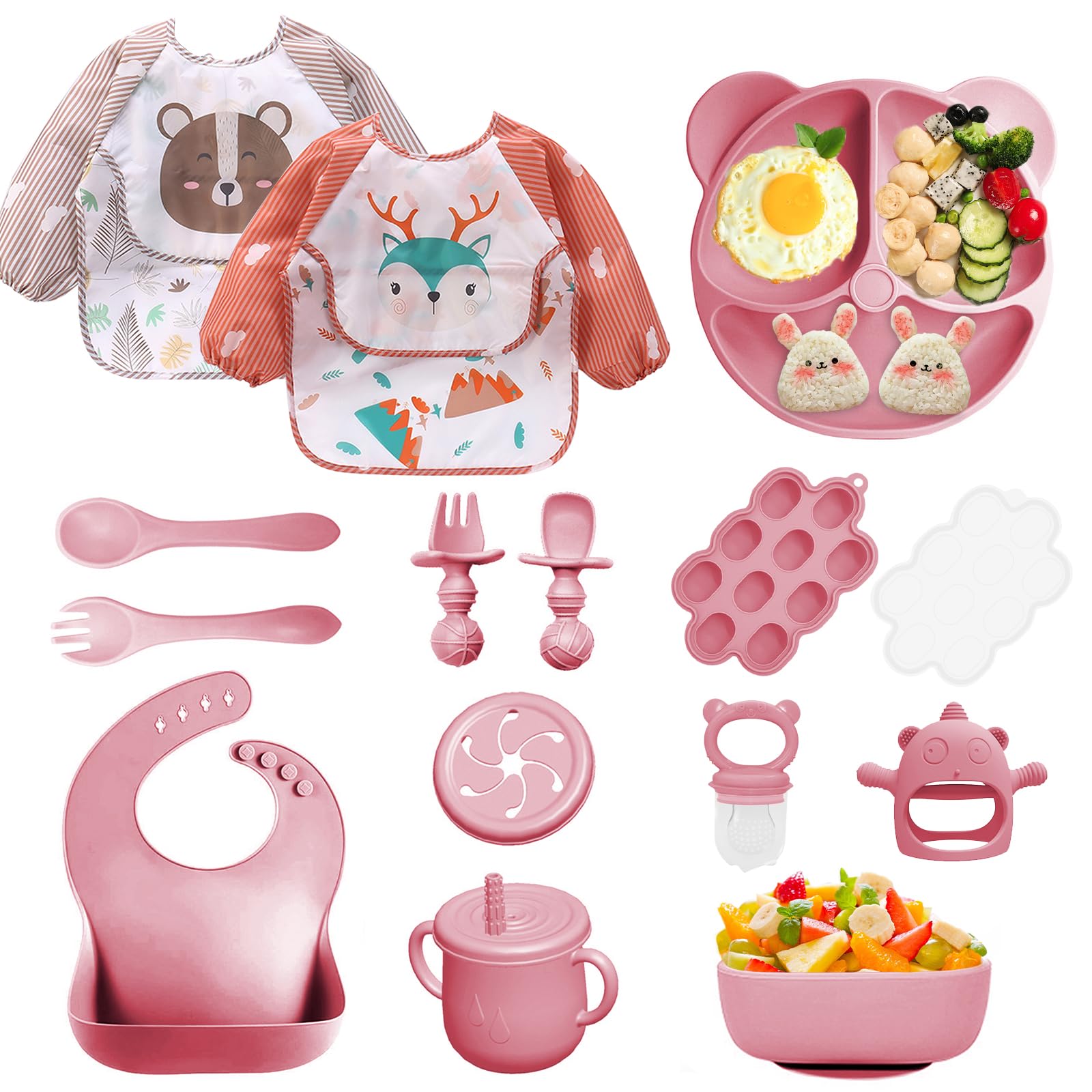Set Pappa per Bambino, 14 Pezzi, Set Pappa Svezzamento per Bambini in Silicone, Senza BPA, Antiscivolo con Ventosa Piatto Cucchiai Ciotola Tazza Bavaglino (Rosa scuro)