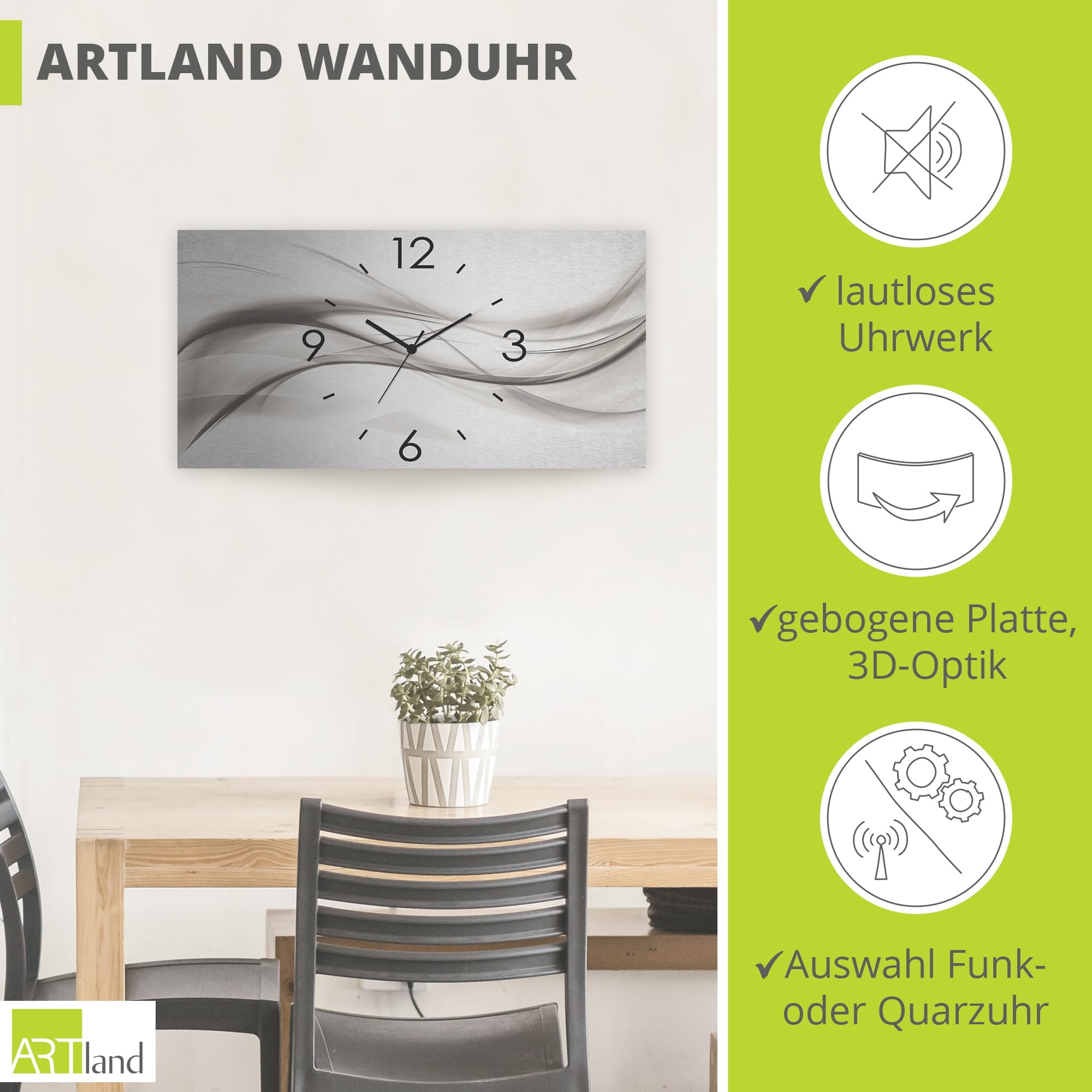 ARTLAND Wanddeko Wanduhr ohne Tickgeräusche Alu Quarzuhr 60x30 cm Eckig Lautlos 3D Design Kunst Welle Abstrakt Modern Silber K5ZO
