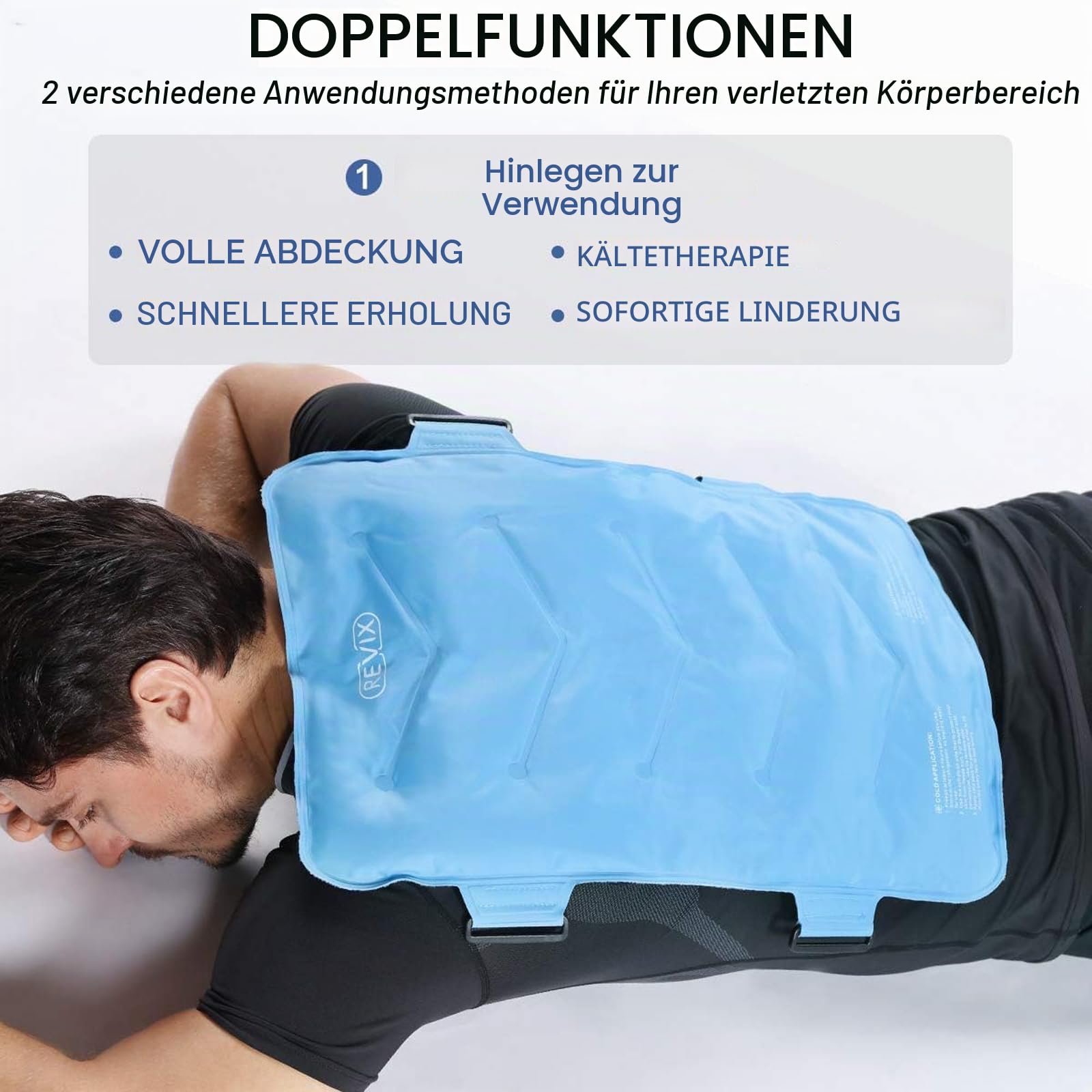 REVIX Großes Kühlpad für Rücken und Schultern (33 x 54 cm) – Wiederverwendbare Gel-Kältekompresse mit weicher Plüschabdeckung und 2 Gurten, XXL