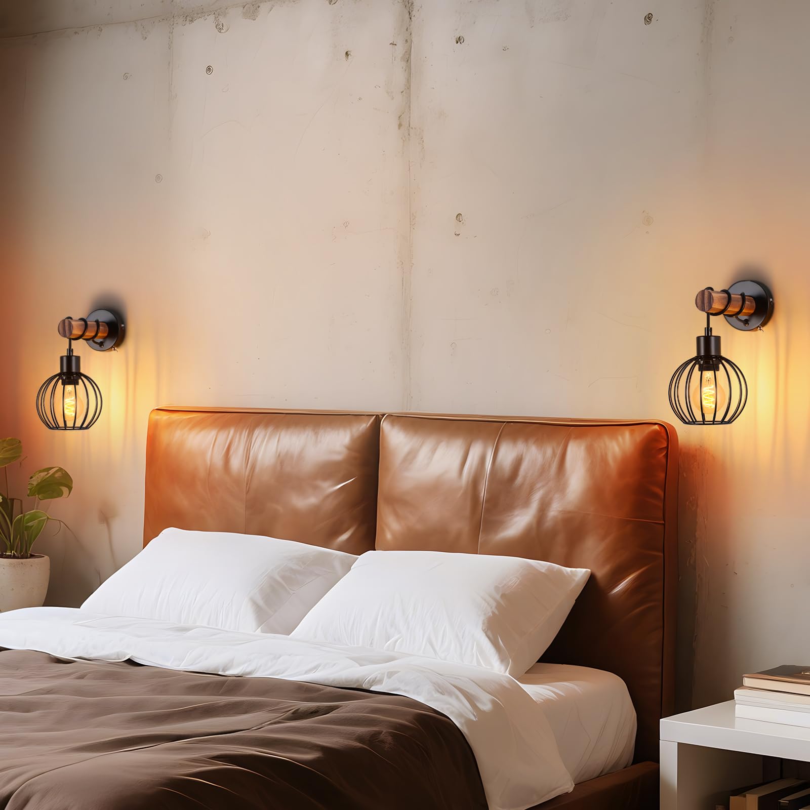ZMH 2er Wandleuchte Wohnzimmer Vintage Holz: Wandlampe mit Schalter Wandbeleuchtung Schwarz im industrial Design E27 Wandstrahler aus Metall Bettlampe für Schlafzimmer Flur Cafe - Ohne Leuchtmittel