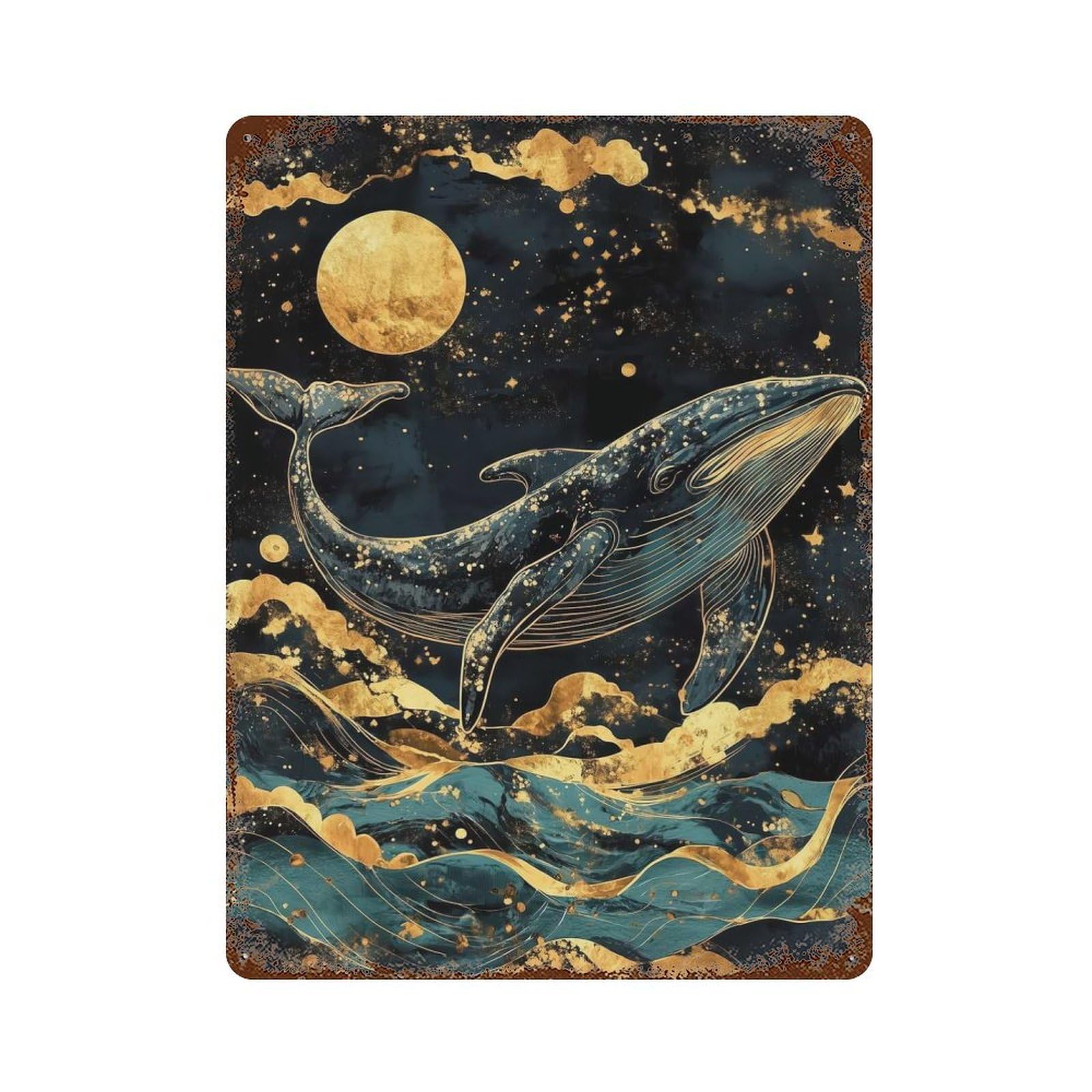 Retro Metal Sign with Kintsugi Whale Under Moon Design 15.7"x11.8", for Living Room, Hallway And Home Decor, Vintage Wall Decor
