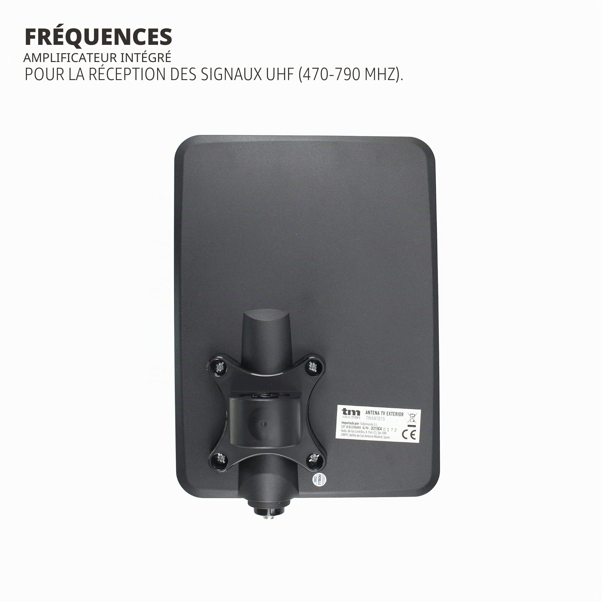 TM Electron TMANT015 Antenne TV d'intérieur ou d'extérieur avec amplificateur intégré 40 DB, Ultra compacte, Orientation 360°, Montage Mural ou mât et résistante aux intempéries